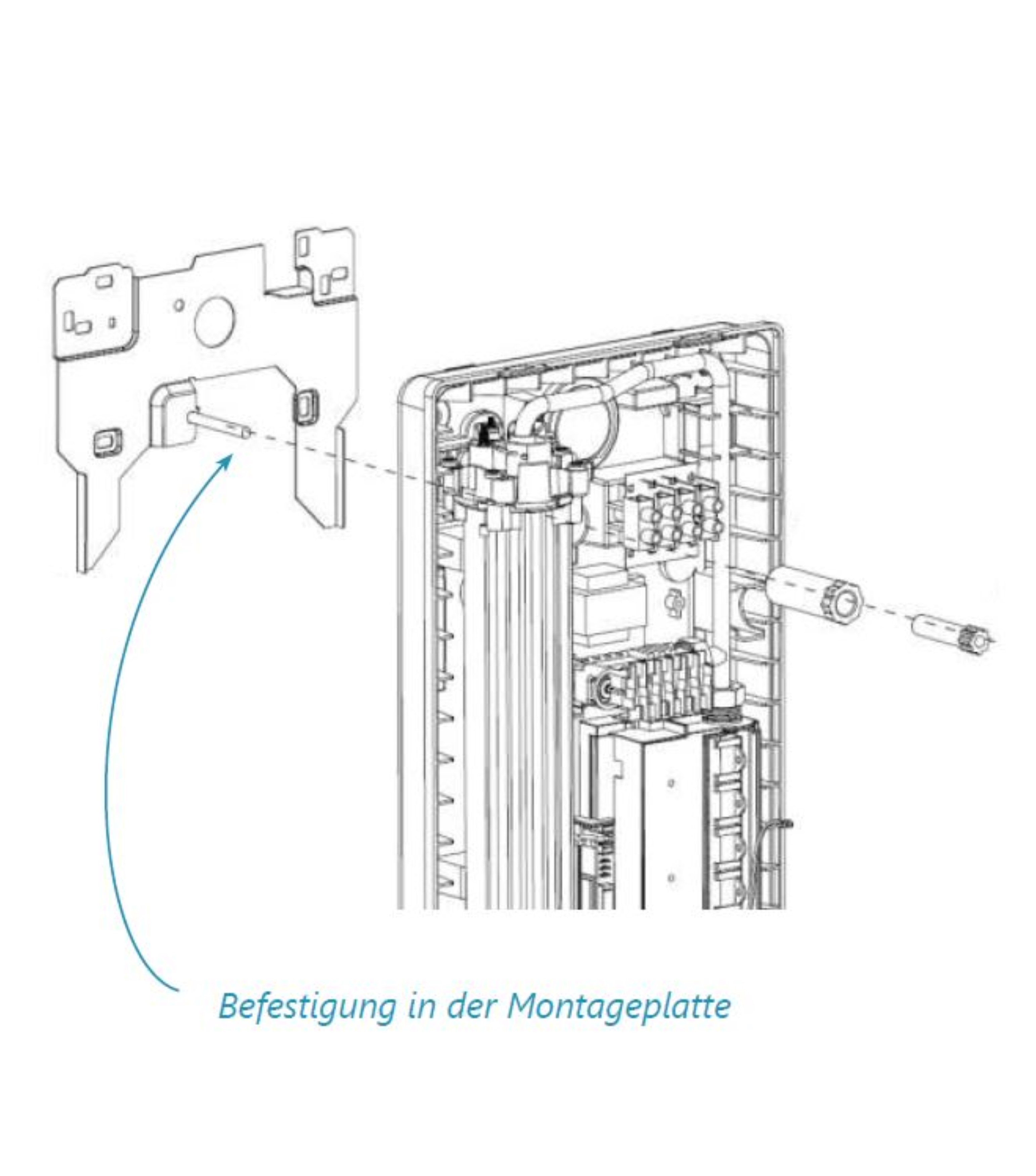Diagramm, das das Innere eines Geräts und die Montageplatte zeigt.