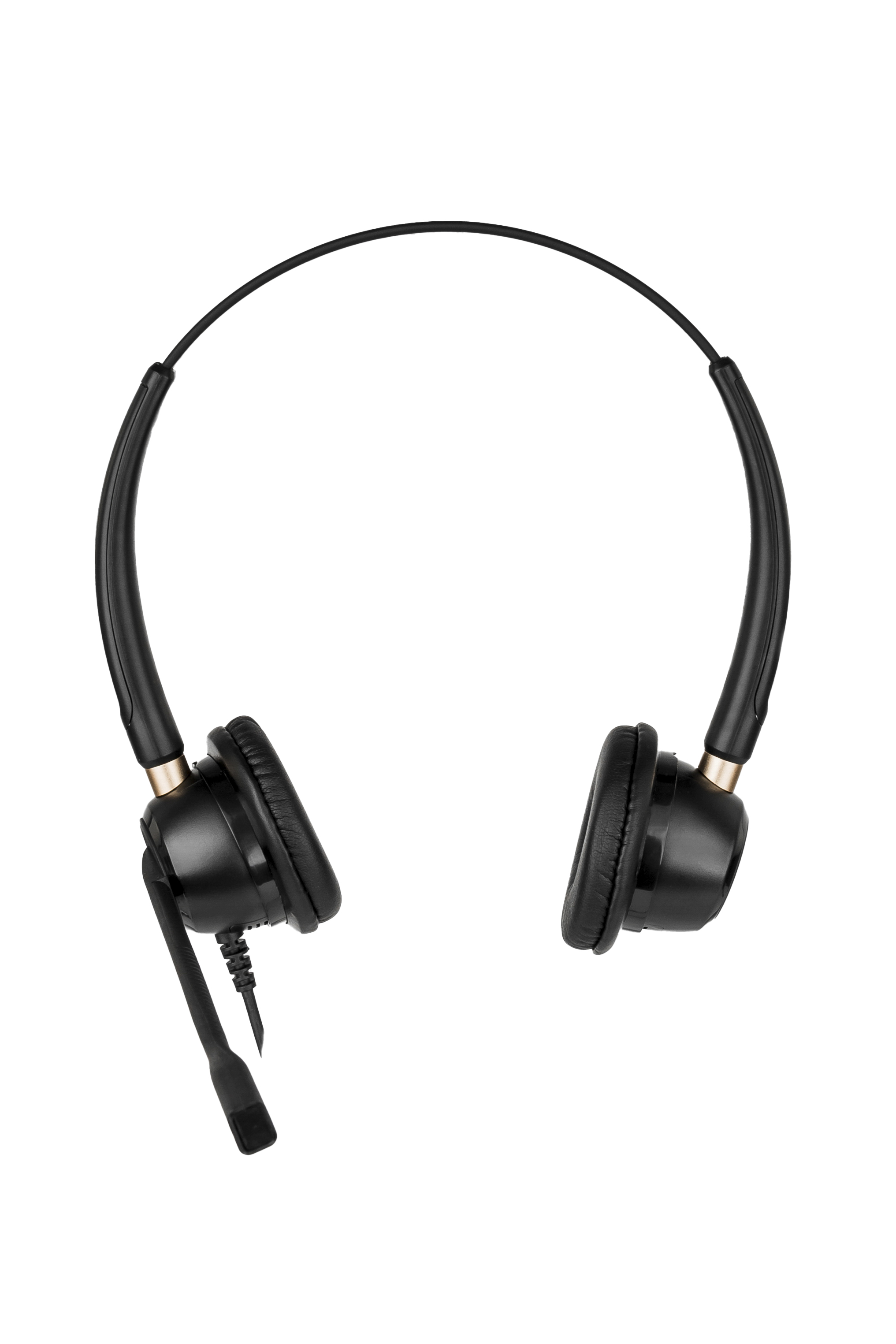 Czarny zestaw słuchawkowy z mikrofonem, odizolowany na białym tle. Do centrów telefonicznych i komunikacji.