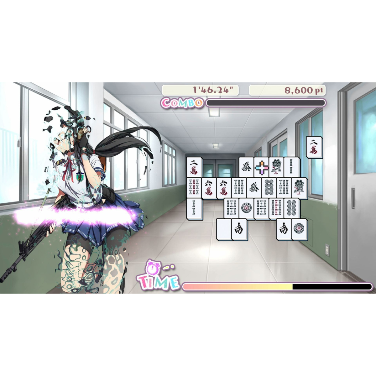 Una pantalla de juego con una chica manga, fichas de mahjong y un temporizador en un entorno de pasillo escolar.