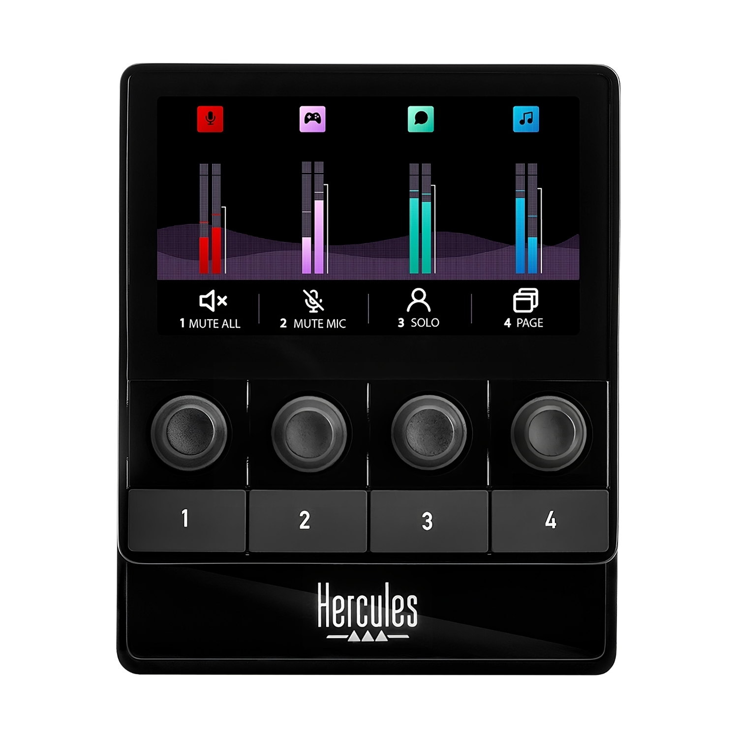 Een zwarte digitale audiomixer met meerdere knoppen en toetsen, die volumeniveaus op het scherm weergeeft.