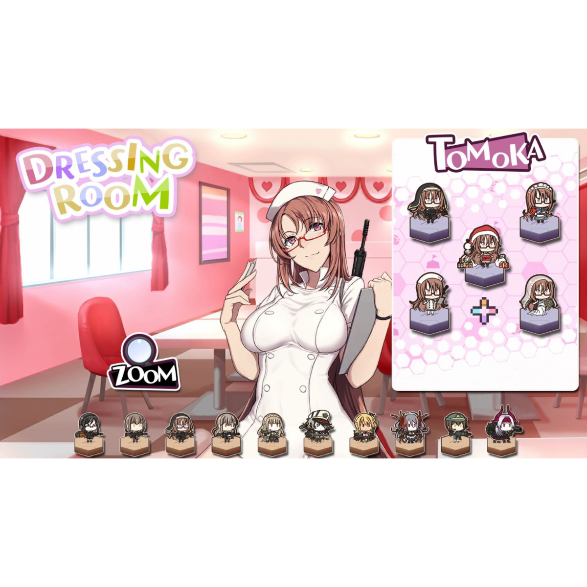 Interfaz de juego de estilo anime con una enfermera, texto de vestidor e iconos de personajes.