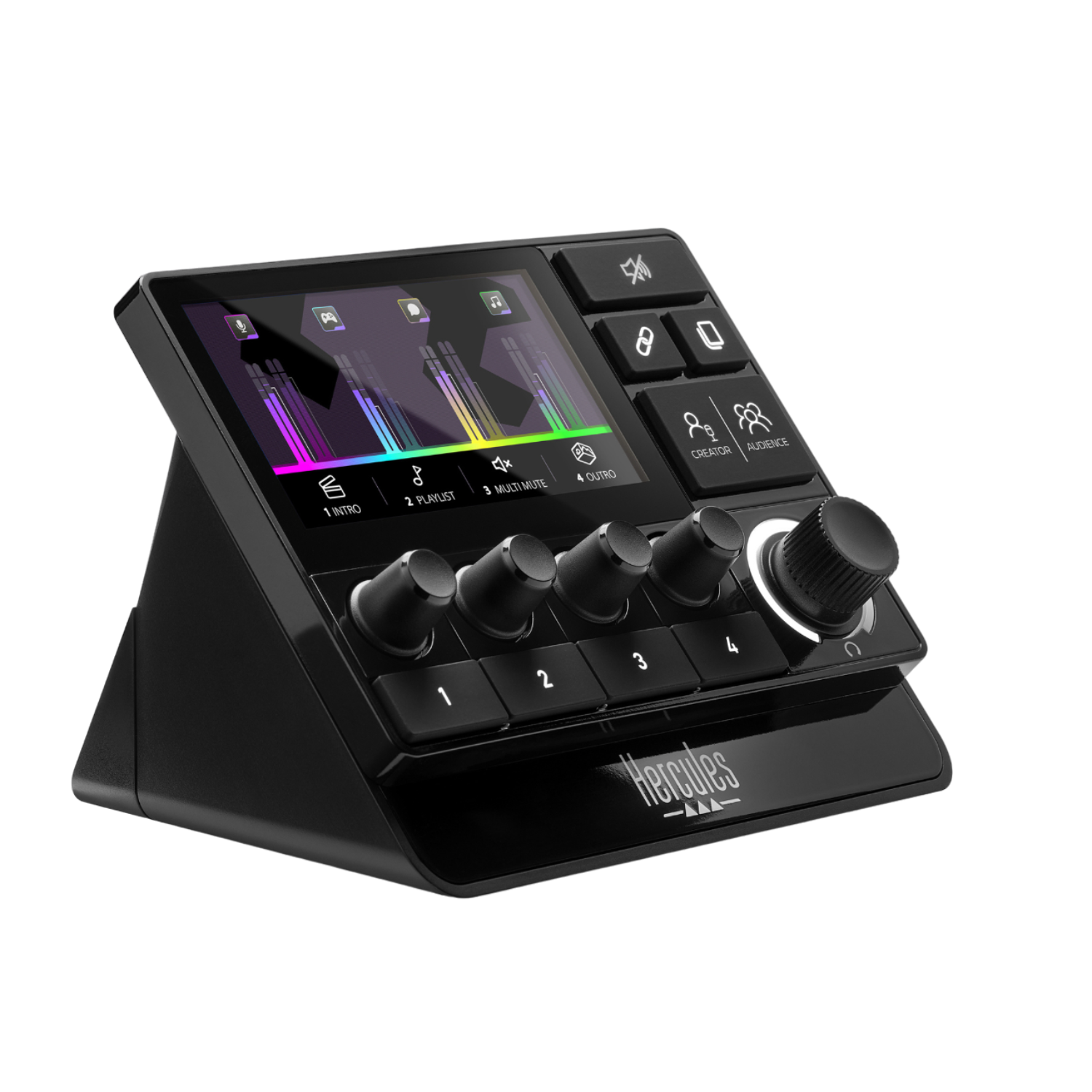 Zwarte audiomixer met scherm en knoppen. Functies: intro-, playlist-, mute- en outro-knoppen.
