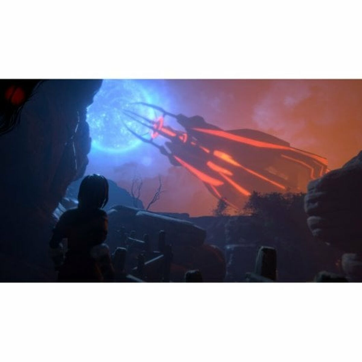 Un paisaje futurista con una gran luz azul en el cielo. Figura de silueta oscura.