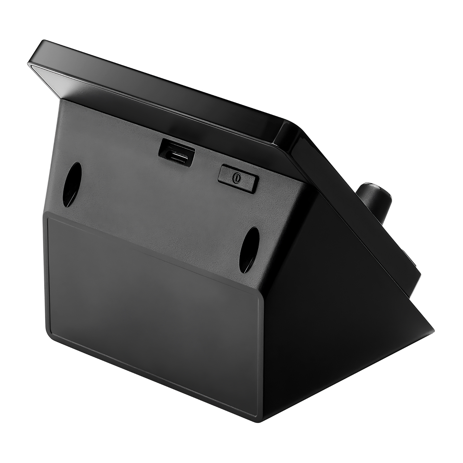 Een zwart apparaat met een USB-poort en een aan/uit-knop. Het staat schuin, met twee gaten, op een witte achtergrond.