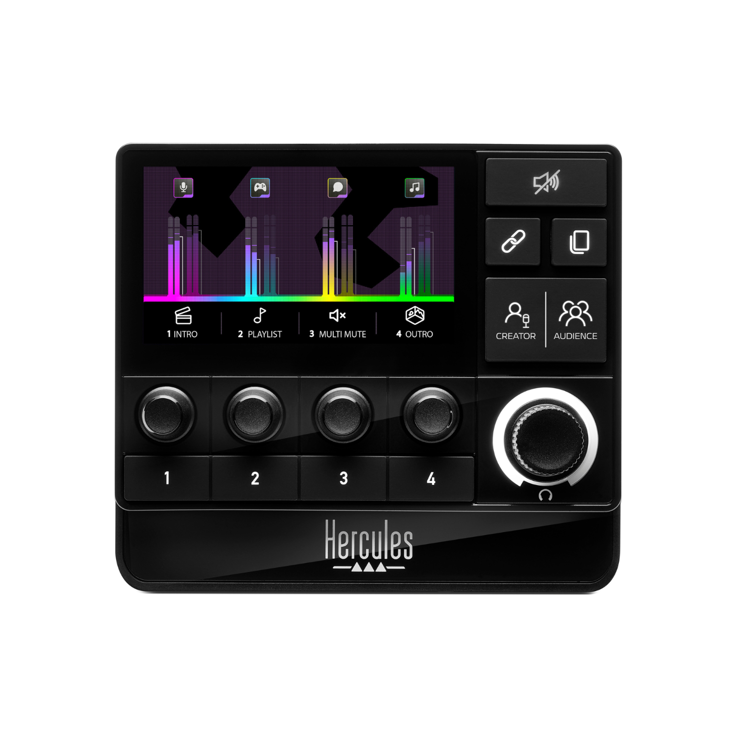 Een zwarte Hercules DJ-controller met een scherm en veel knoppen en knoppen.