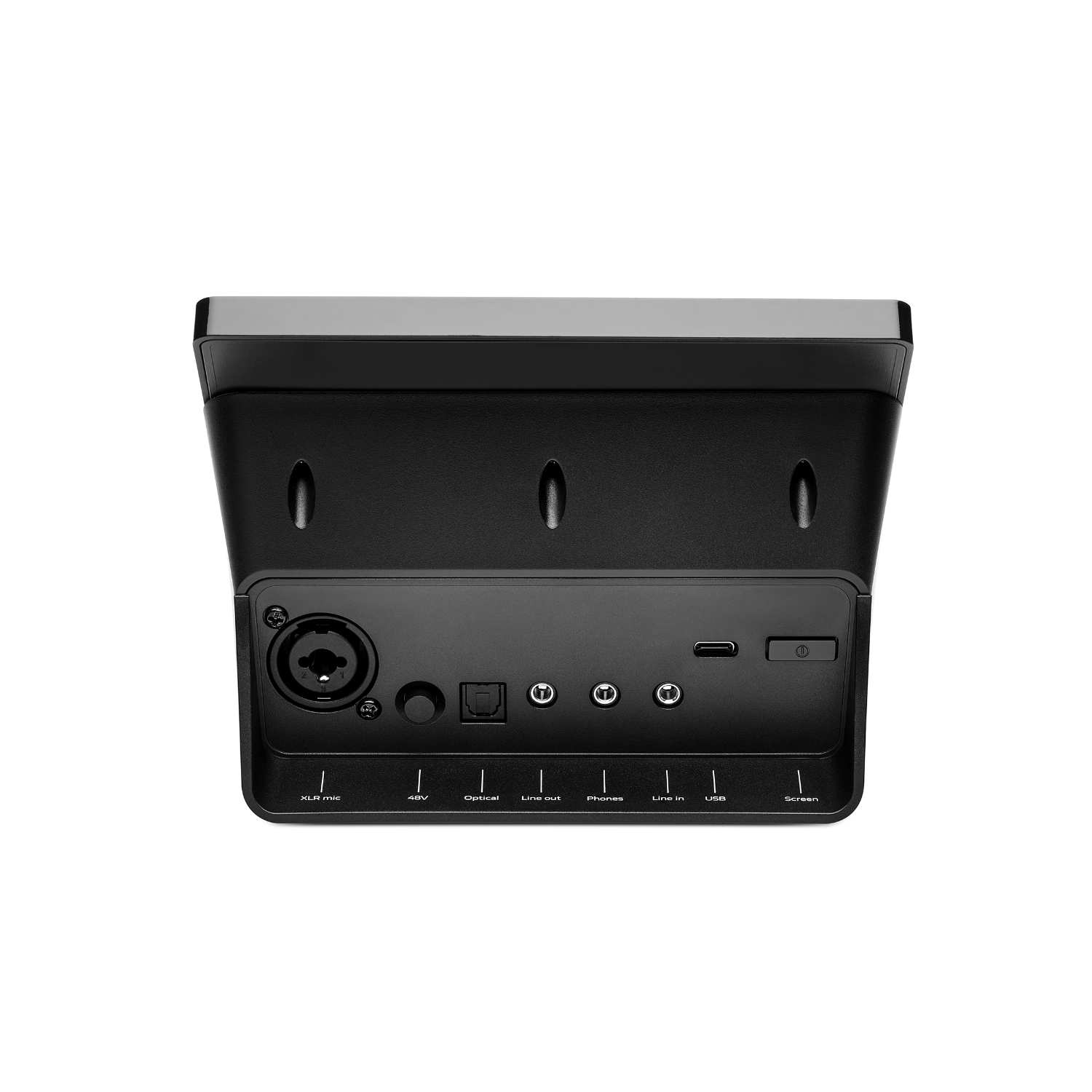 Achterkant van een zwart audioapparaat met diverse input/output poorten en een aan/uit knop.