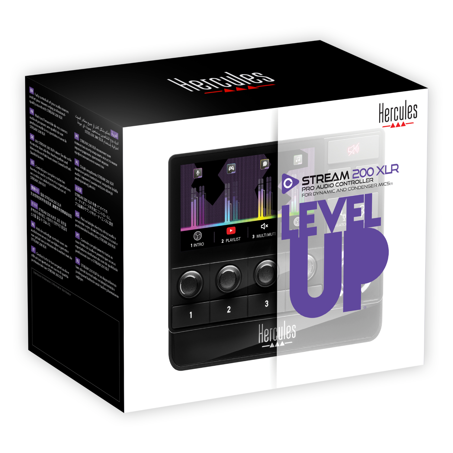 Een doos met 'Hercules' en 'Level Up' erop. De doos toont een controller met knoppen.