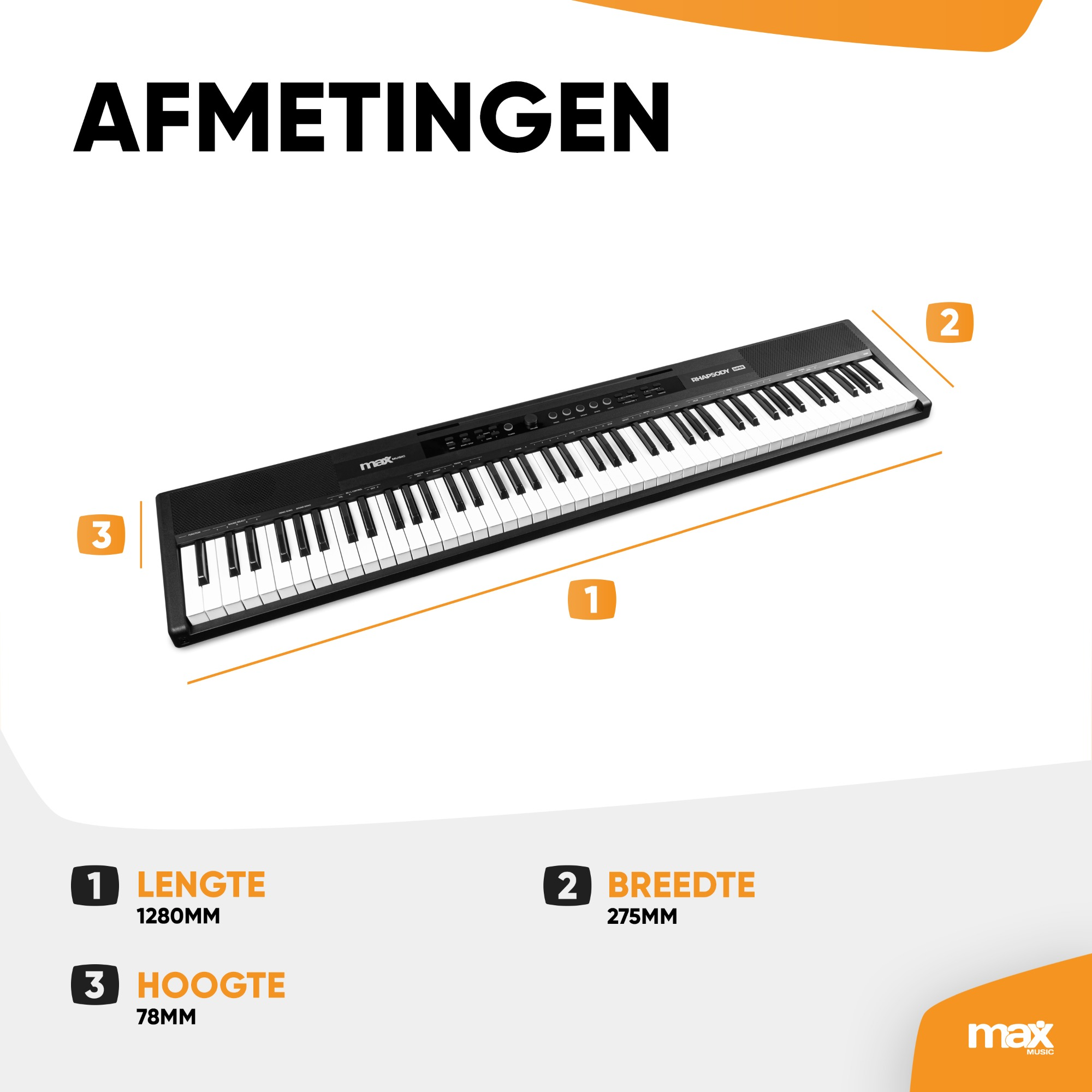 Ein Digitalpiano mit Maßen. Es hat schwarze und weiße Tasten. Die Abmessungen sind auf dem Bild angegeben.