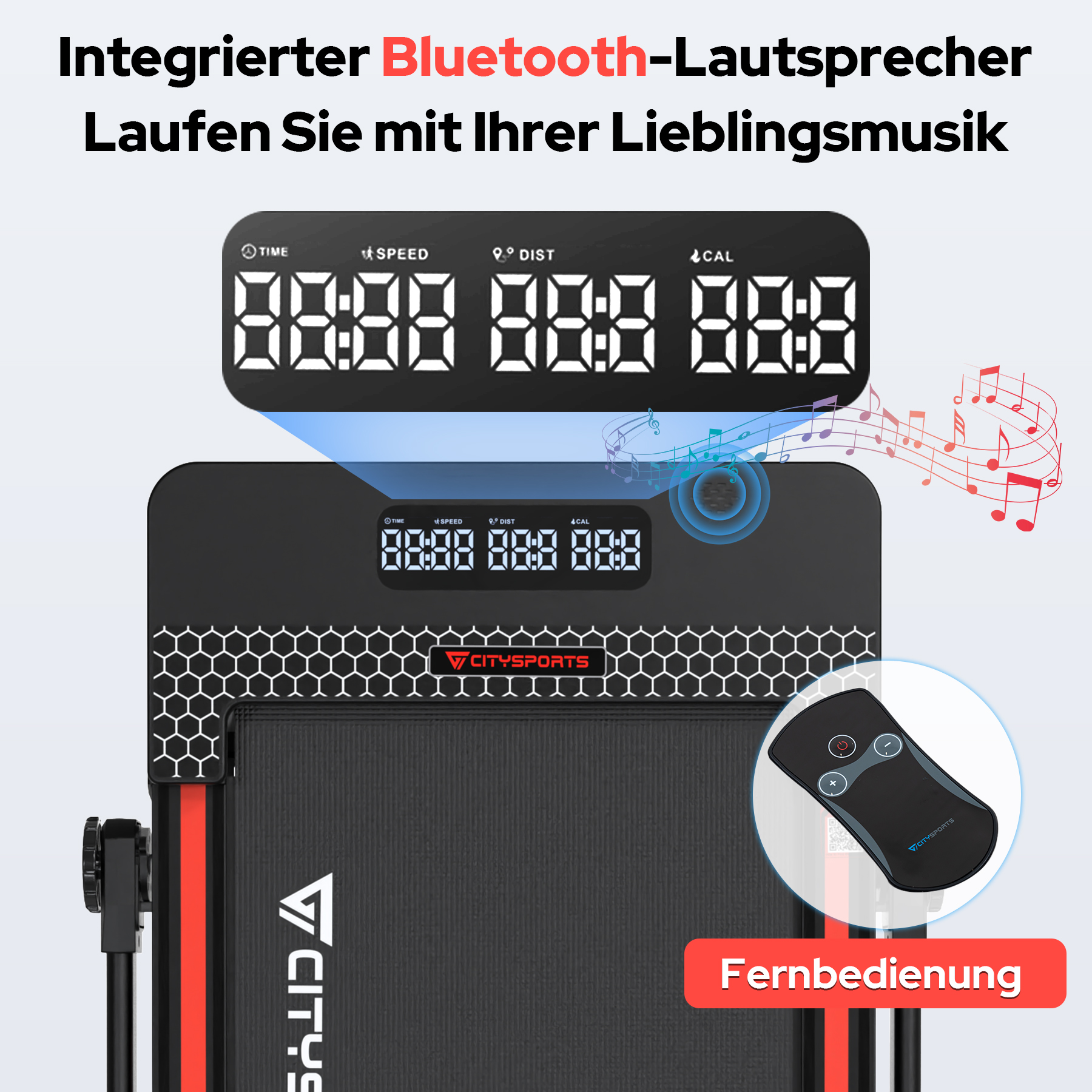 Laufbandkonsole zeigt Daten. Text enthält 'Bluetooth-Lautsprecher' und 'Fernbedienung'.