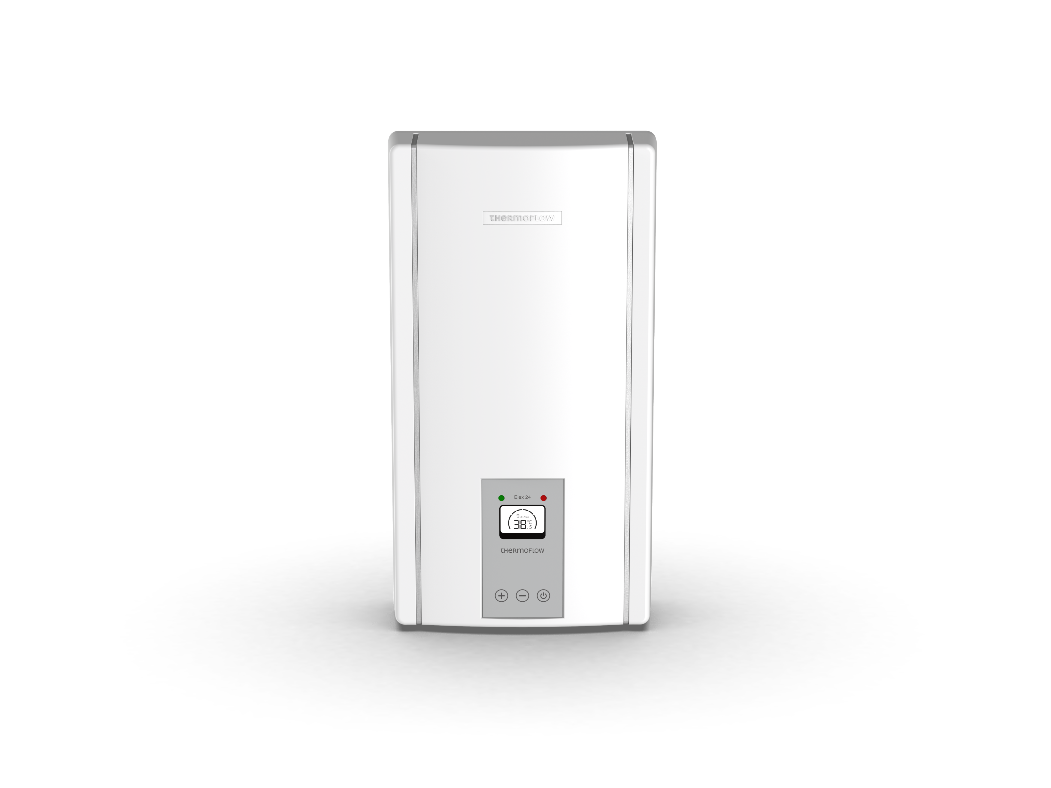 Weißer Warmwasserbereiter mit digitaler Anzeige, die 36 anzeigt, mit dem Markennamen Thermoflux darauf.