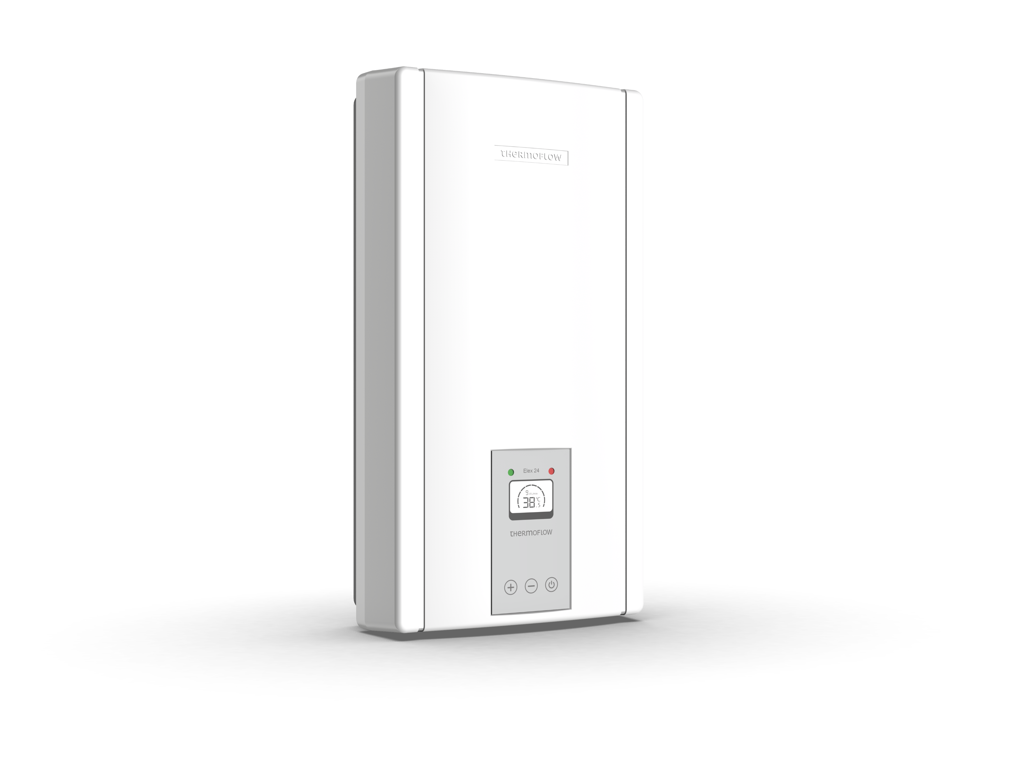 Ein weißer Warmwasserbereiter auf schwarzem Hintergrund. Er hat ein digitales Display und Bedienelemente.
