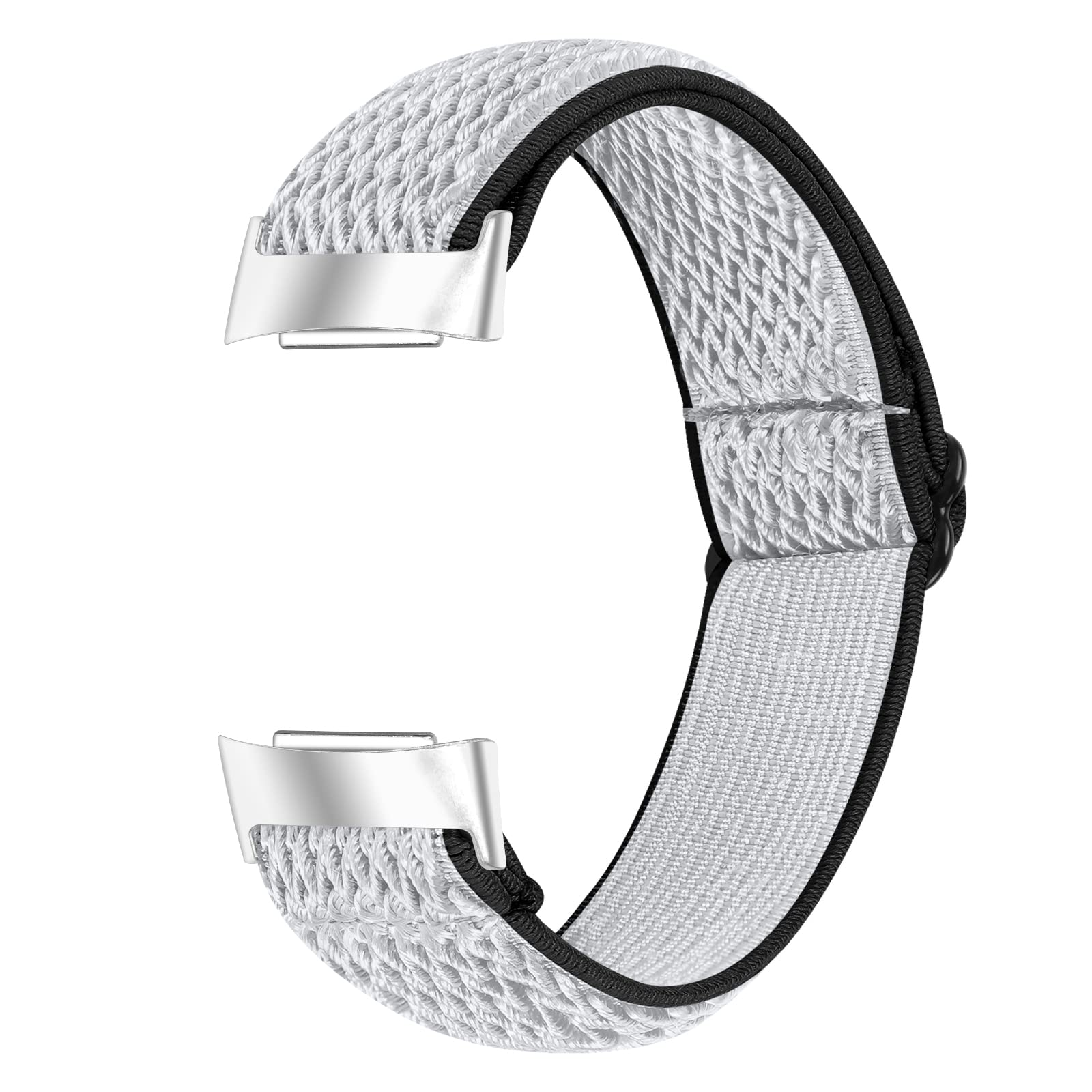 Una correa de reloj blanca y gris. La correa tiene una textura tejida y se asegura con cierres metálicos.