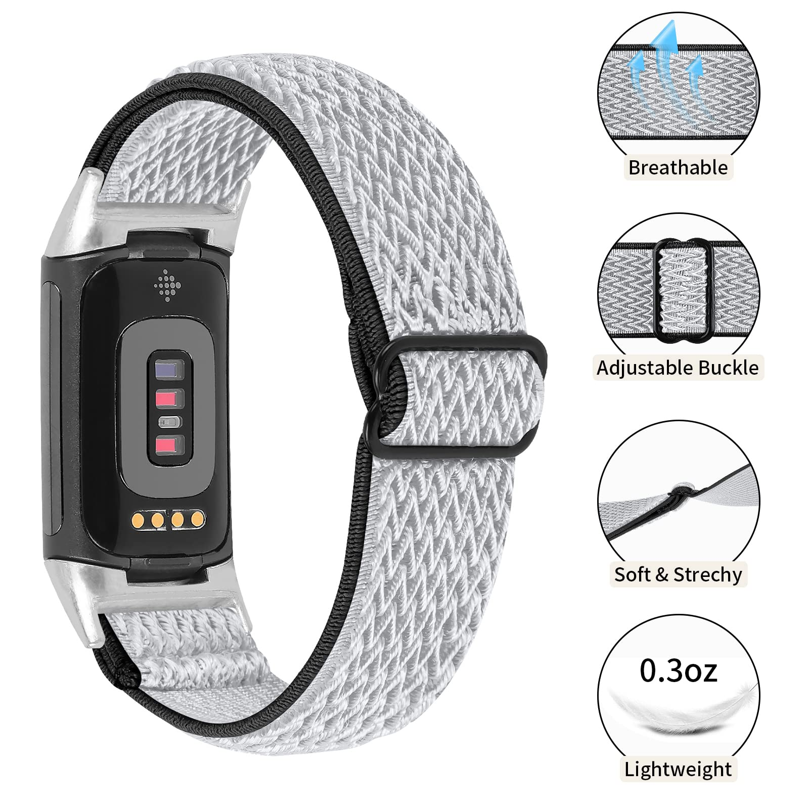 Smartwatch con correa tejida gris, hebilla negra y múltiples iconos que muestran funciones.