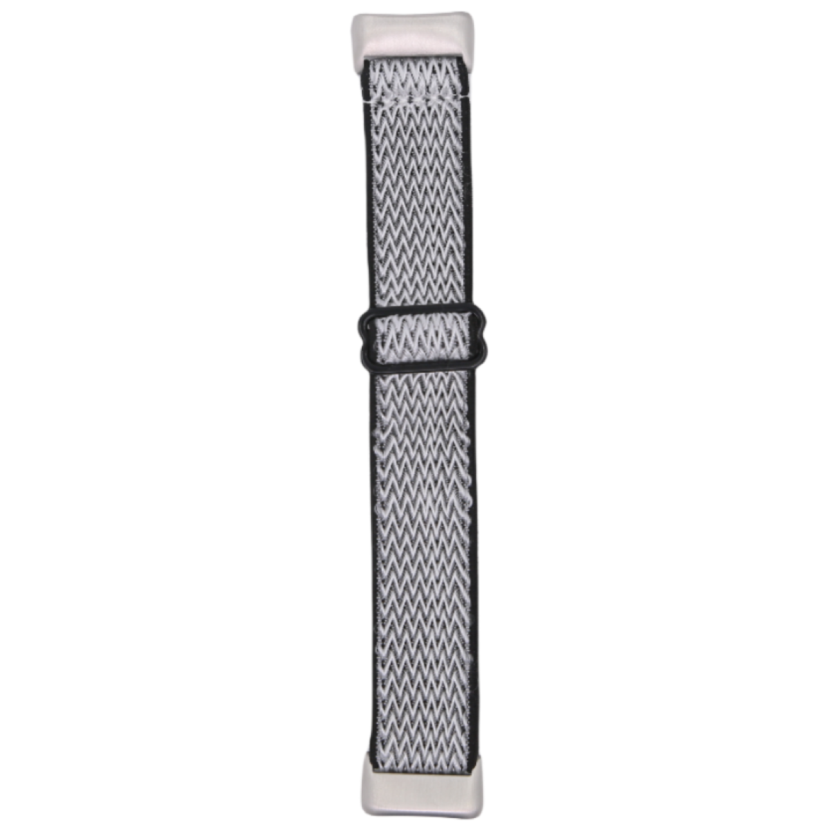 Correa de reloj tejida en blanco y negro. La correa tiene una hebilla y enganches metálicos.