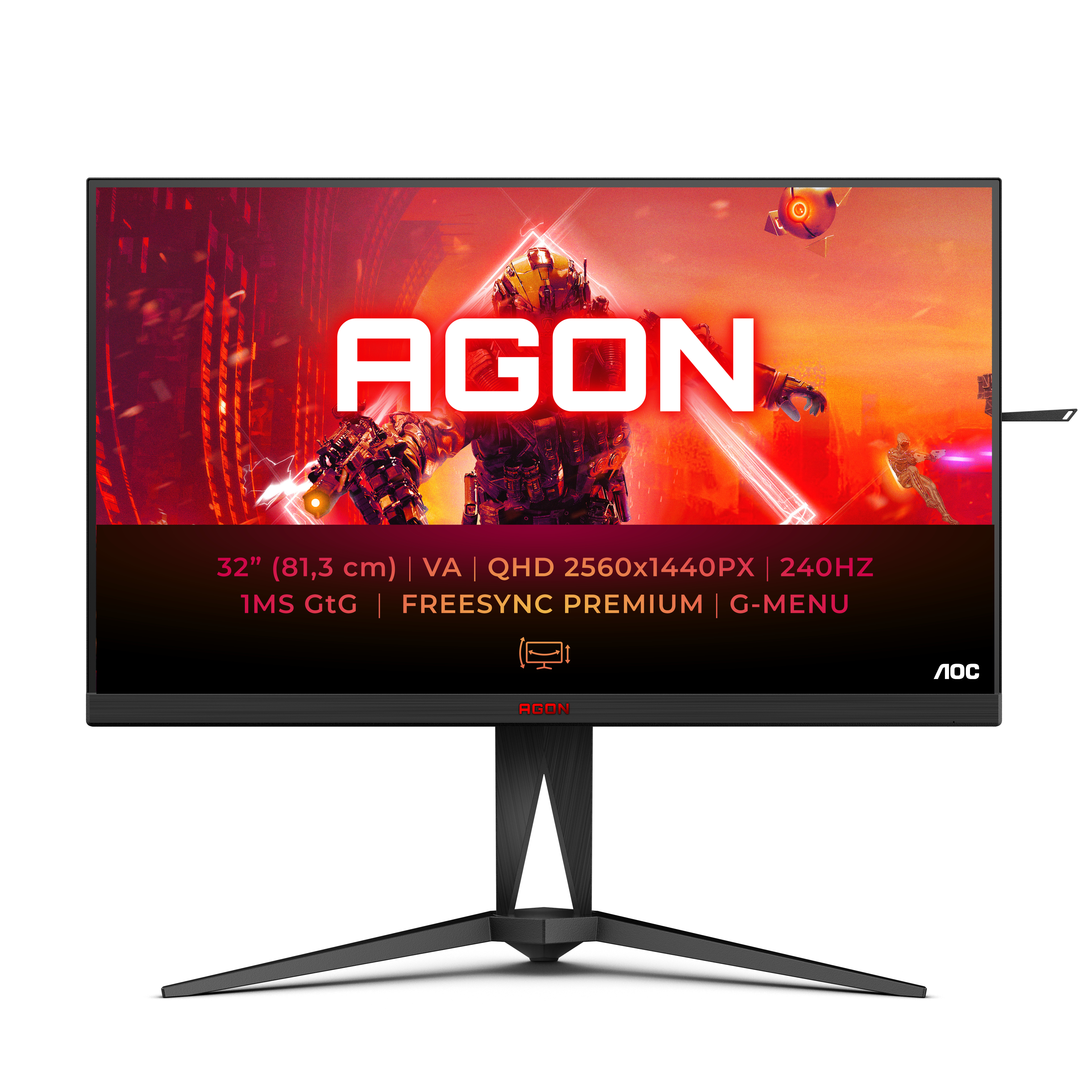 Monitor AOC con logo AGON. Caratteristiche: 32", QHD, 240Hz, 1ms. Supporto e cornice neri.
