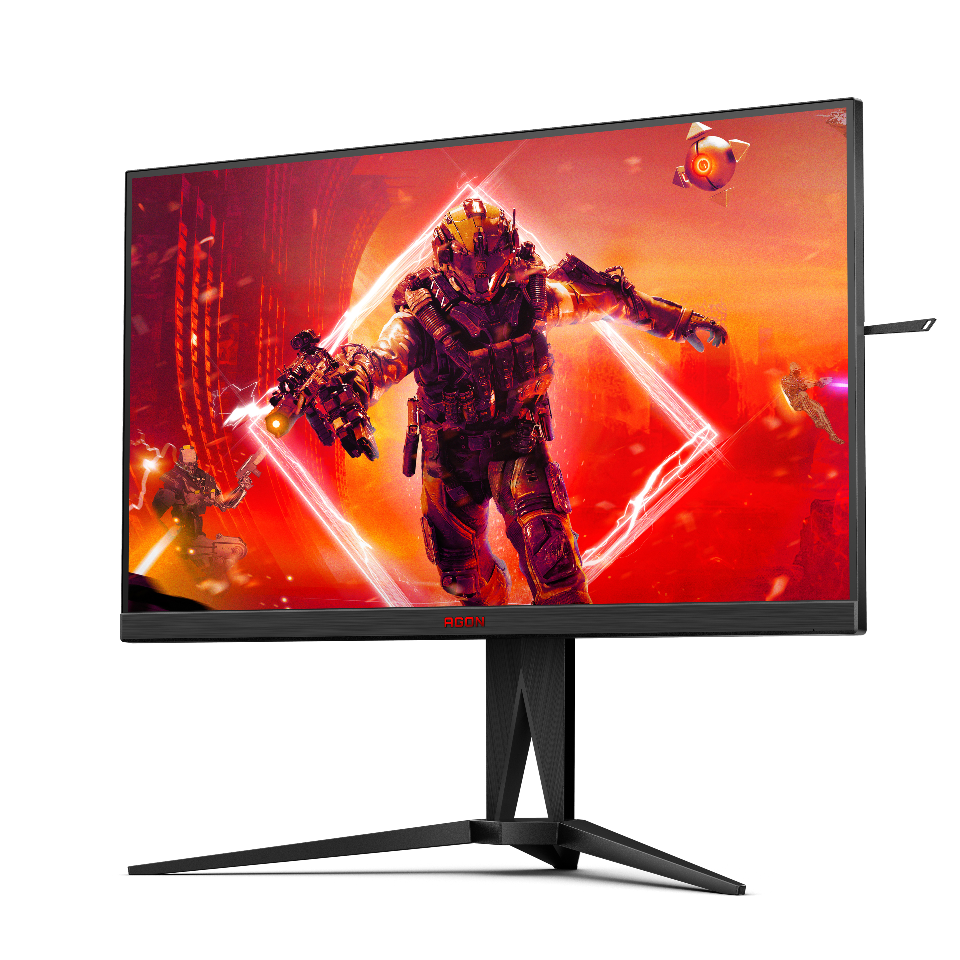 Un monitor nero che mostra una scena di gioco con una figura in tuta.