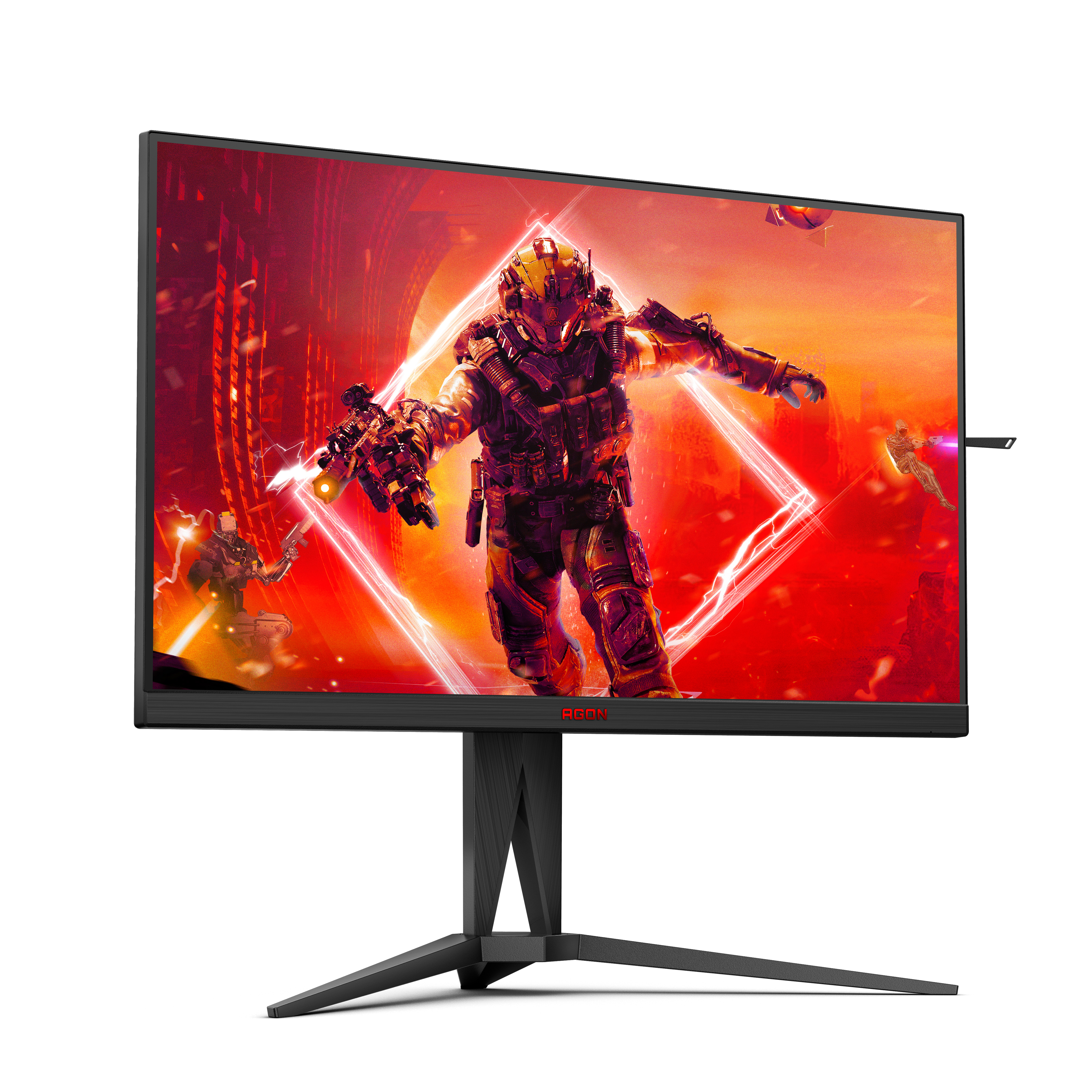 Un monitor da gioco mostra una scena di un gioco d'azione; un ambiente illuminato di rosso e un personaggio.