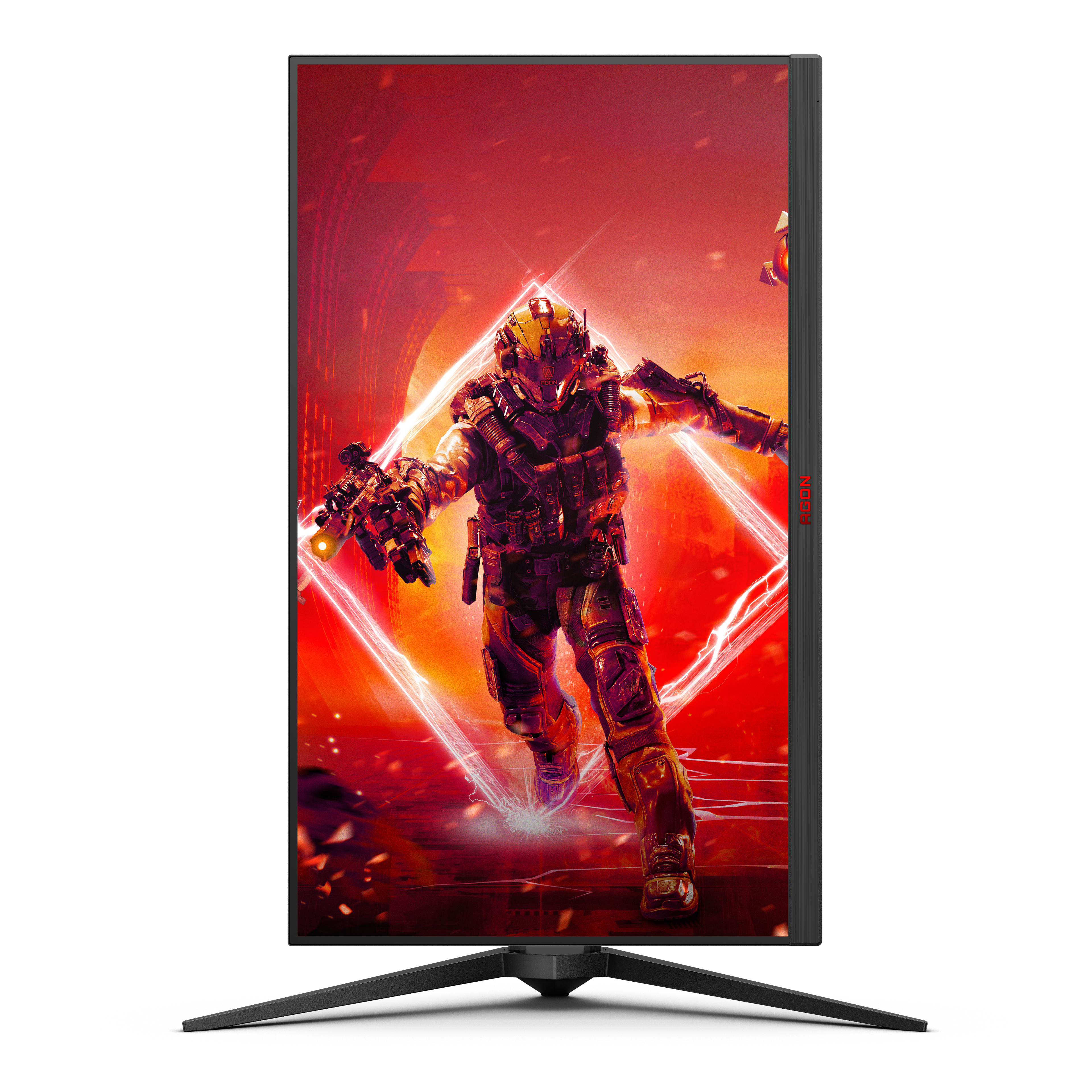 Un monitor di computer che mostra una scena futuristica con un soldato che tiene delle armi in un ambiente rosso.