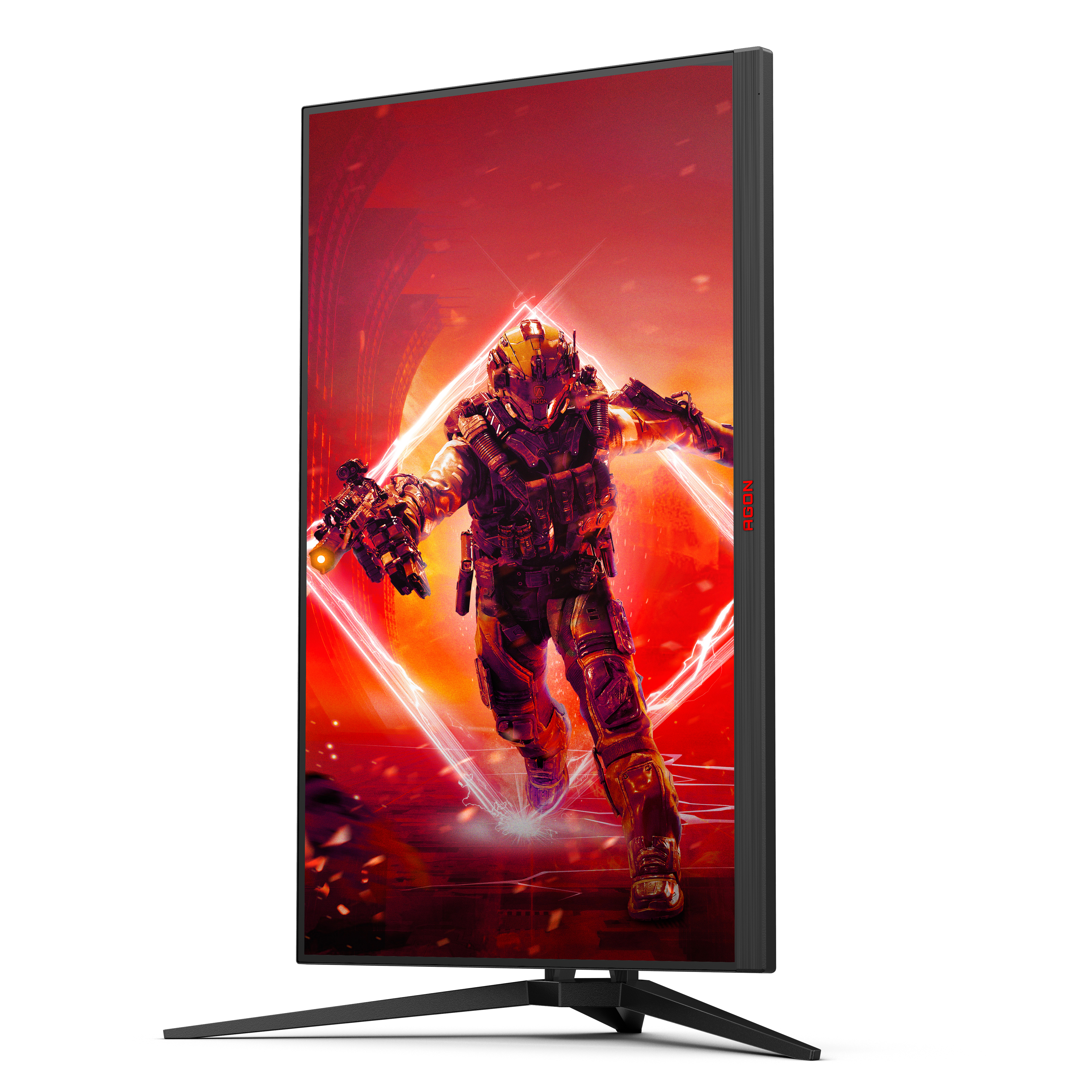 Monitor da gioco che mostra un soldato in tuta futuristica, con schema di colori rosso e nero.