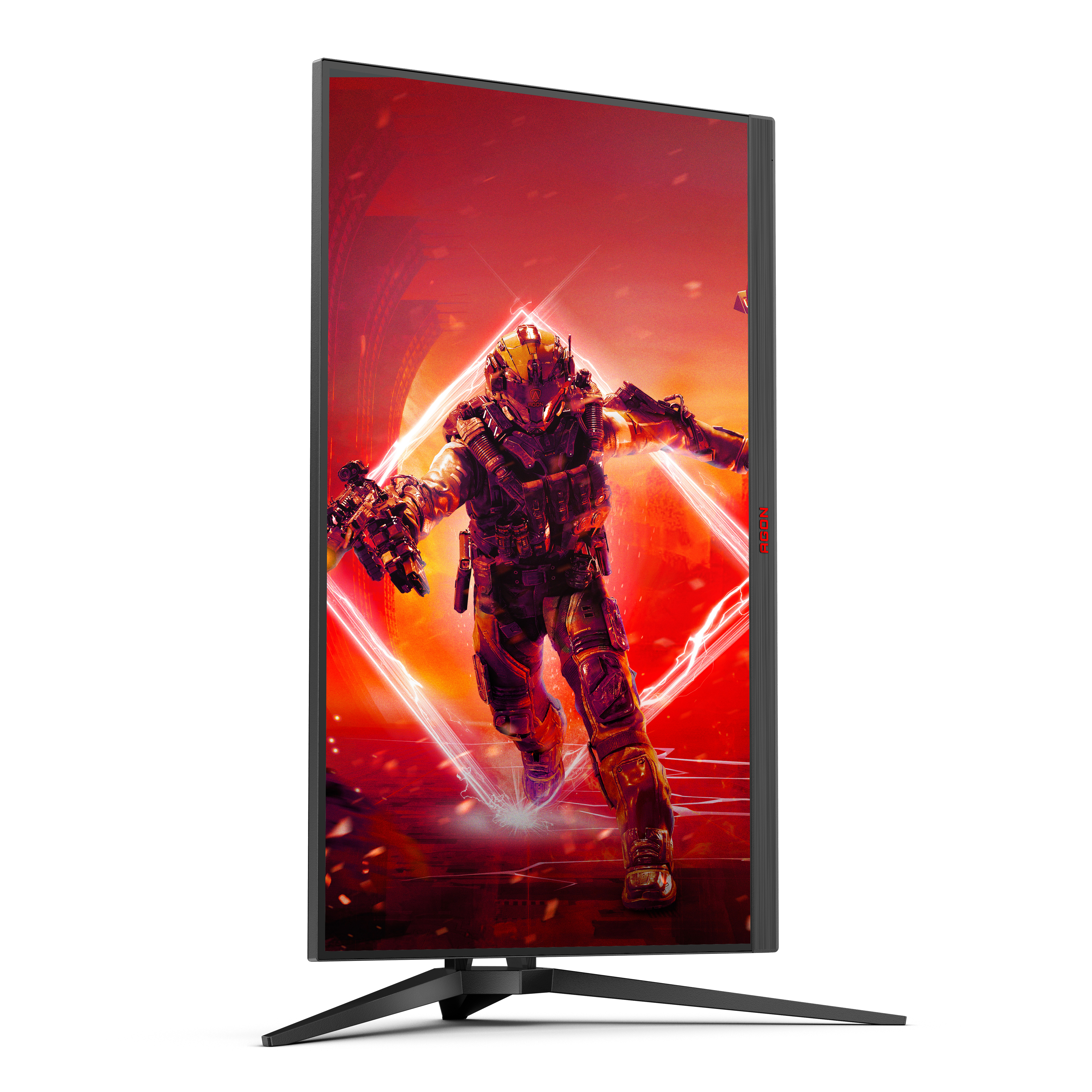 Monitor da gioco con un soldato al centro di uno sfondo rosso e nero.
