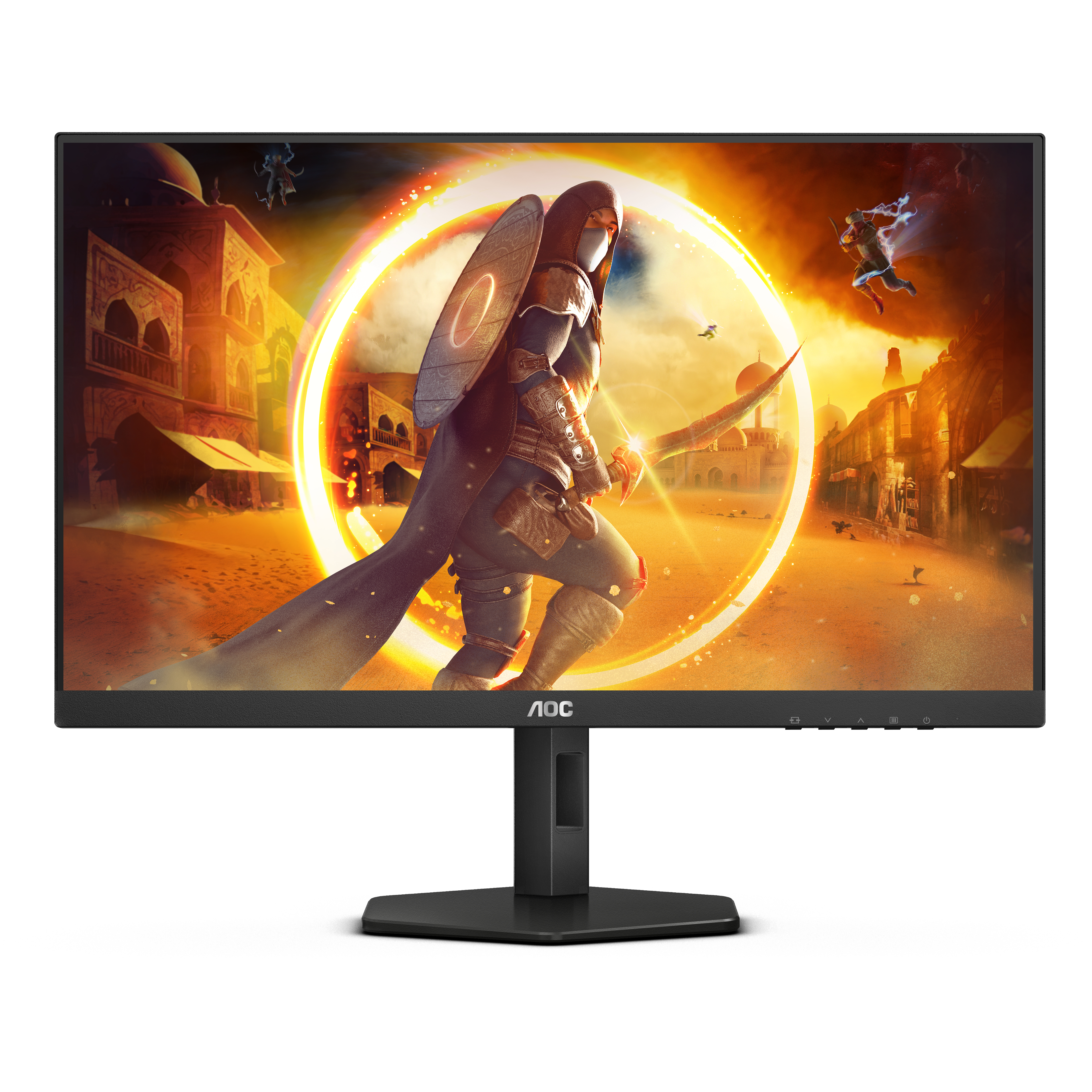 Monitor AOC mostrando una escena de videojuego con un guerrero y una ciudad. La pantalla está en un marco negro.