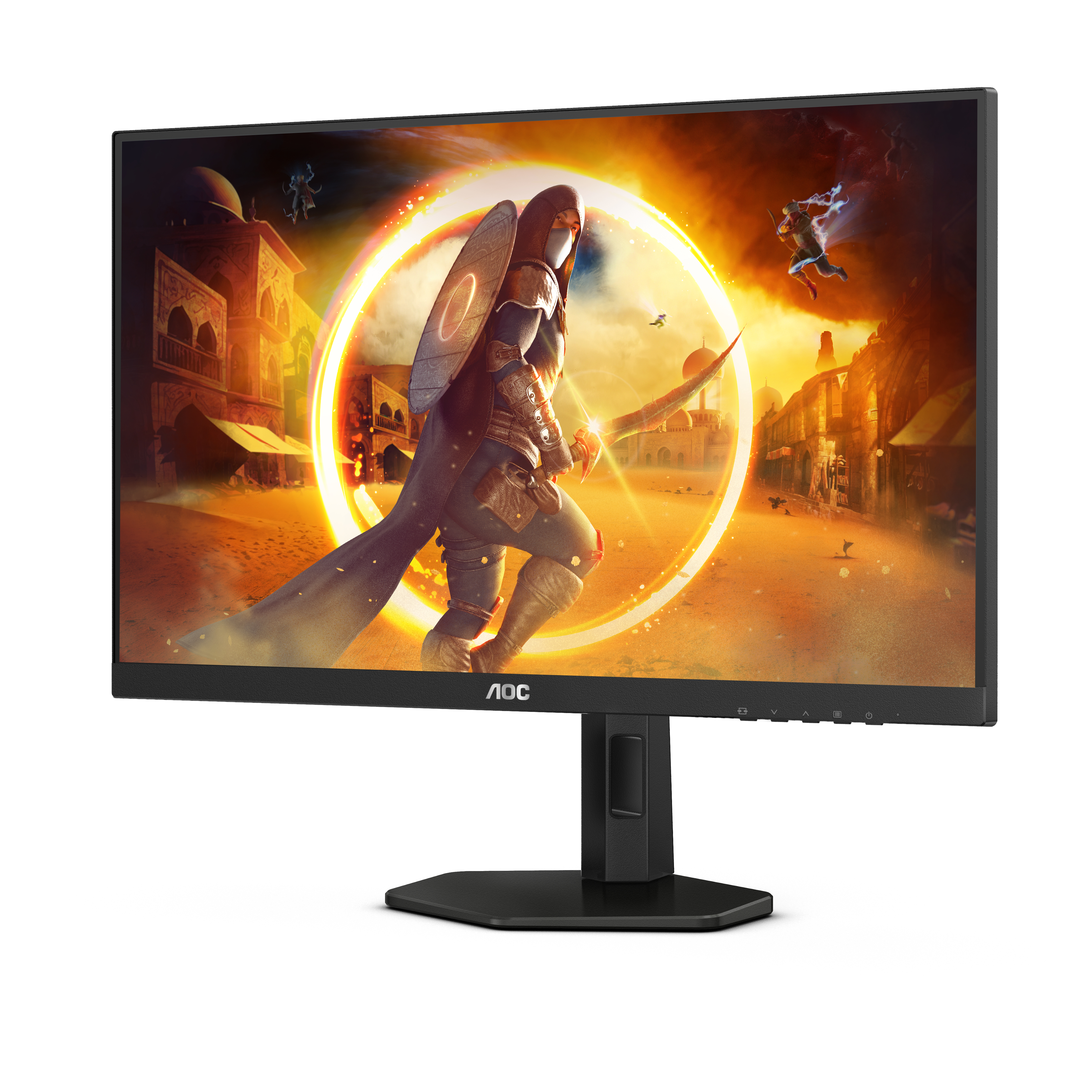 Monitor de juegos mostrando una escena del juego. Un personaje con escudo en un entorno desértico.