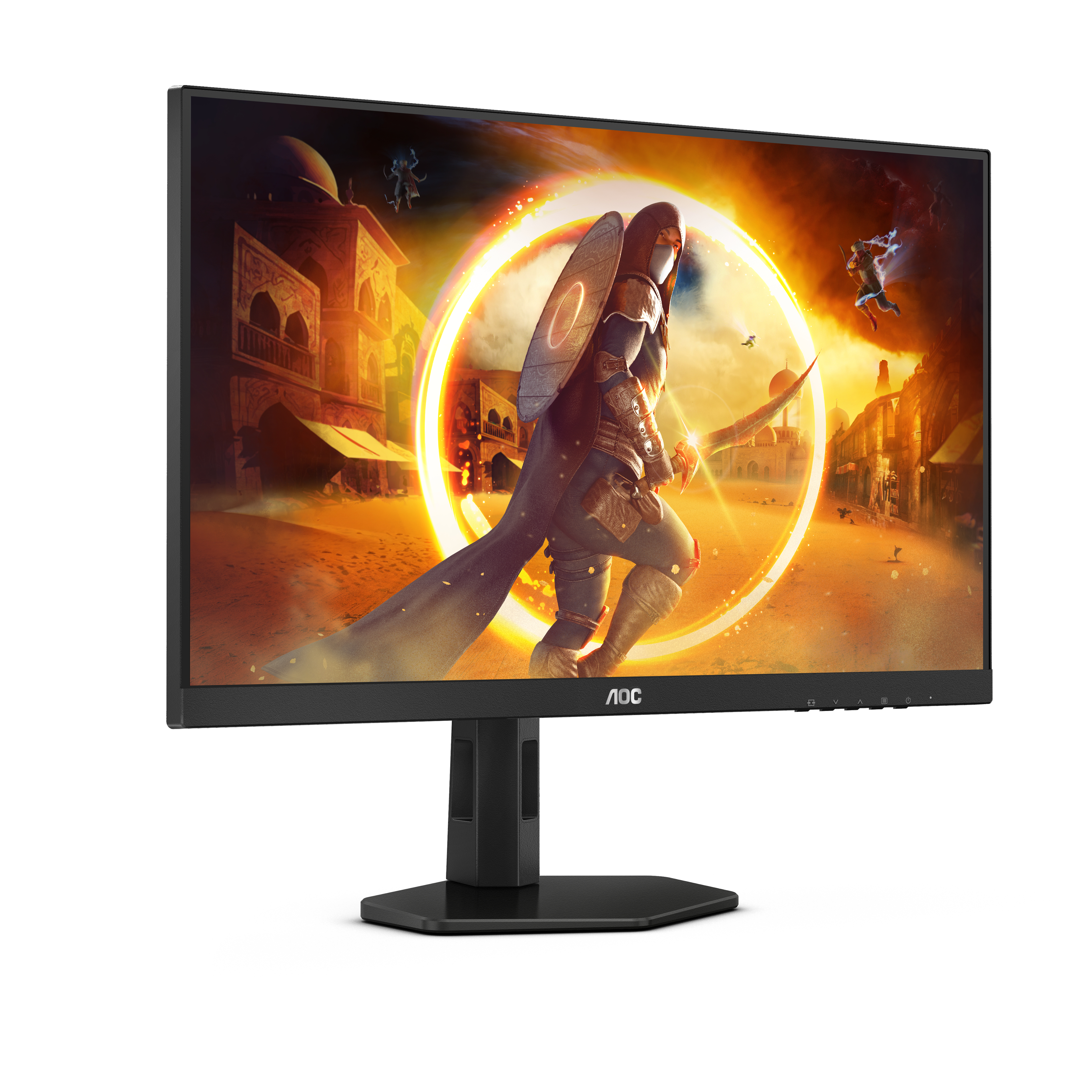 Monitor gaming AOC con escena de juego. Presenta un caballero y un fondo detallado.