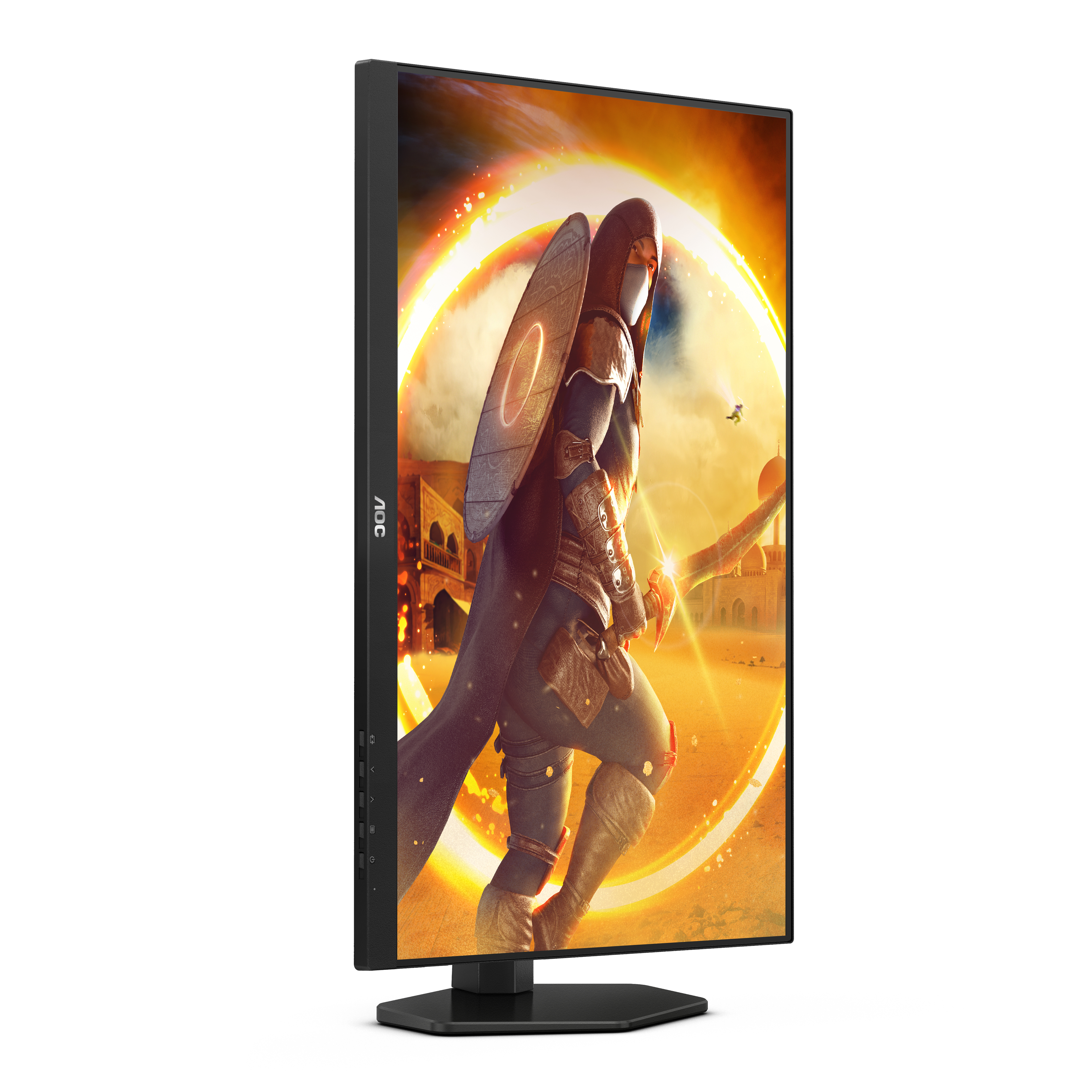 Un monitor AOC que muestra una escena de juego con una persona sosteniendo una espada.