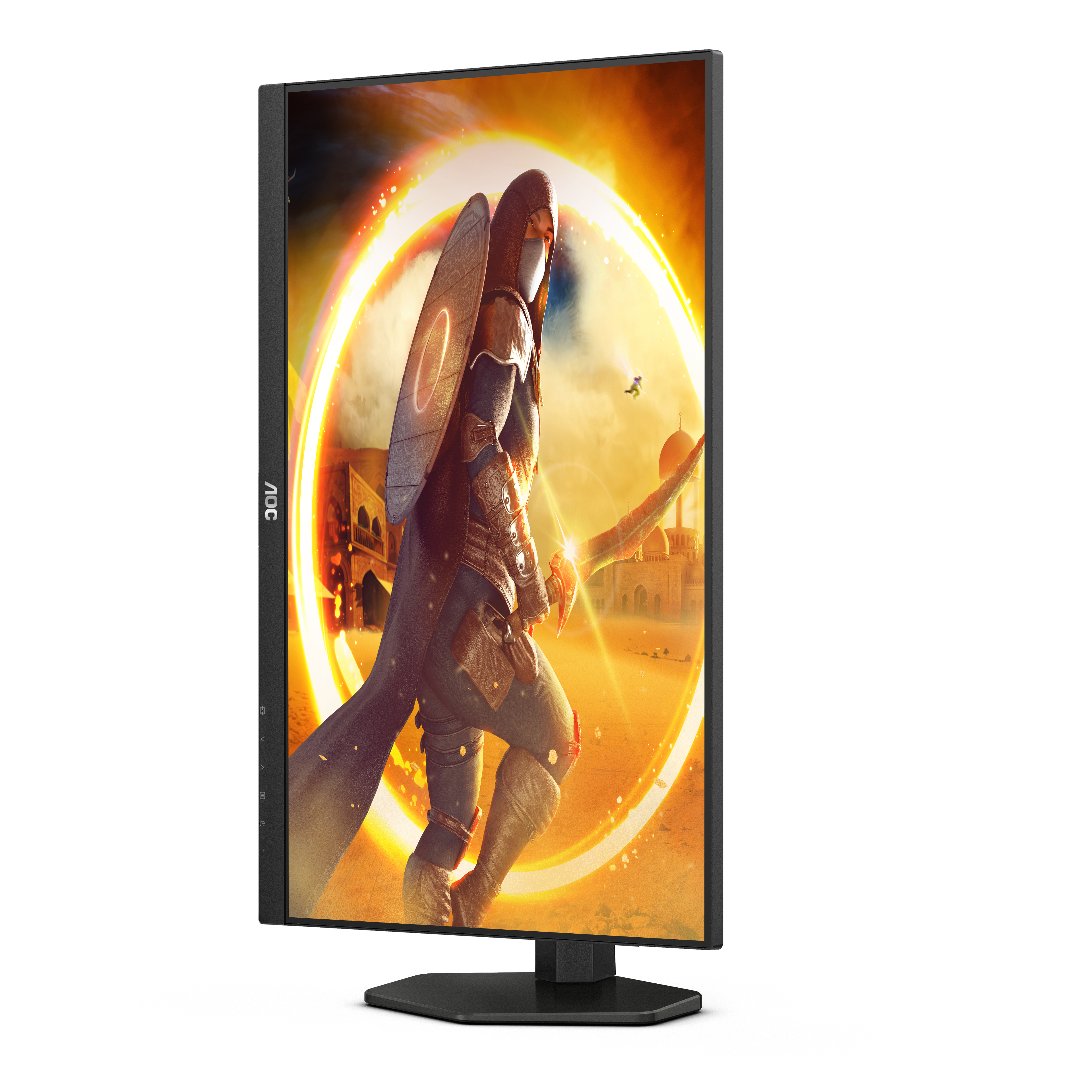 Monitor de juegos que muestra una escena del juego con una figura encapuchada con arco y flecha.