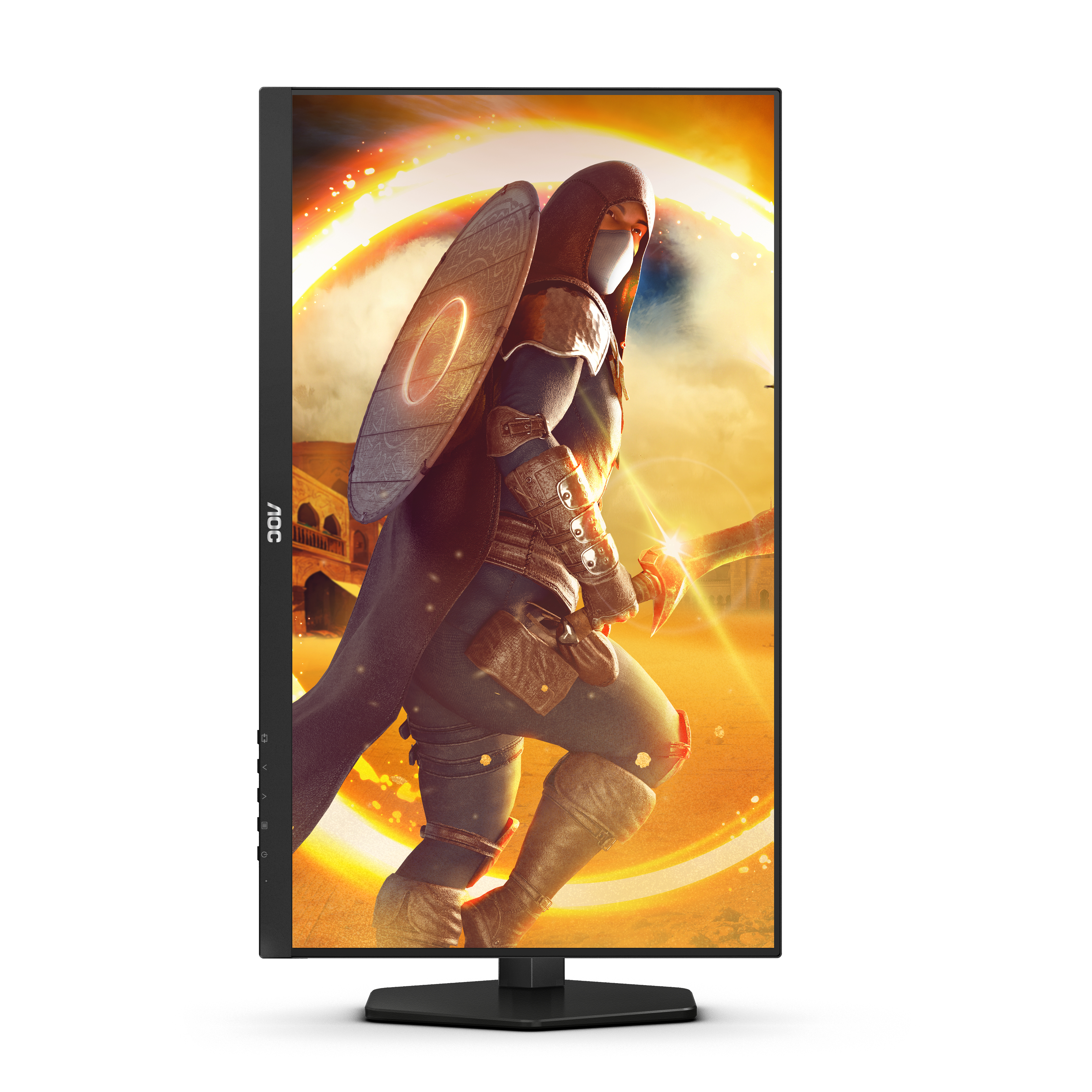 Monitor AOC que muestra un videojuego. Una persona con capa con capucha sostiene un escudo y una espada.