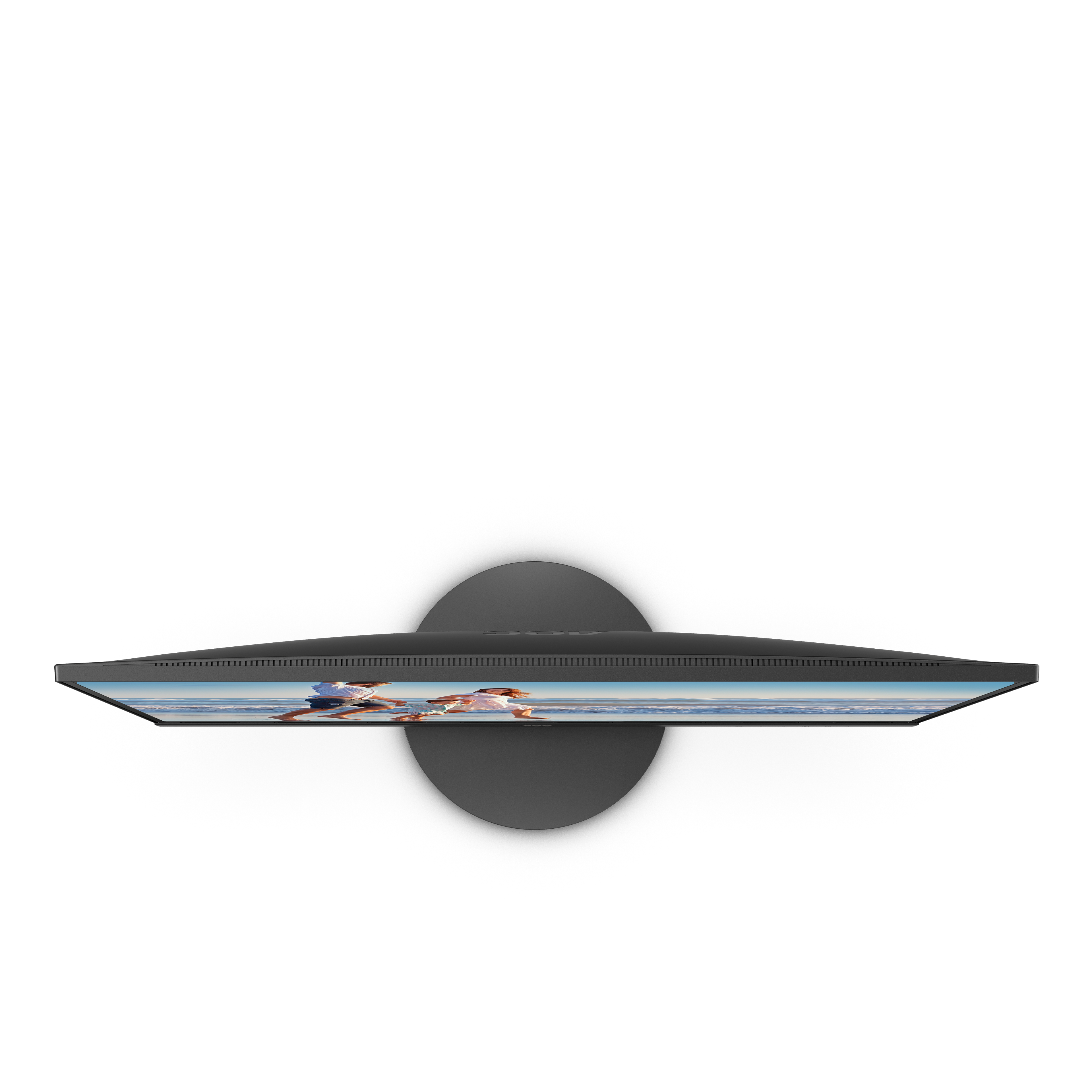 Widok z góry na czarny monitor komputera z zakrzywionym ekranem, na białym tle.