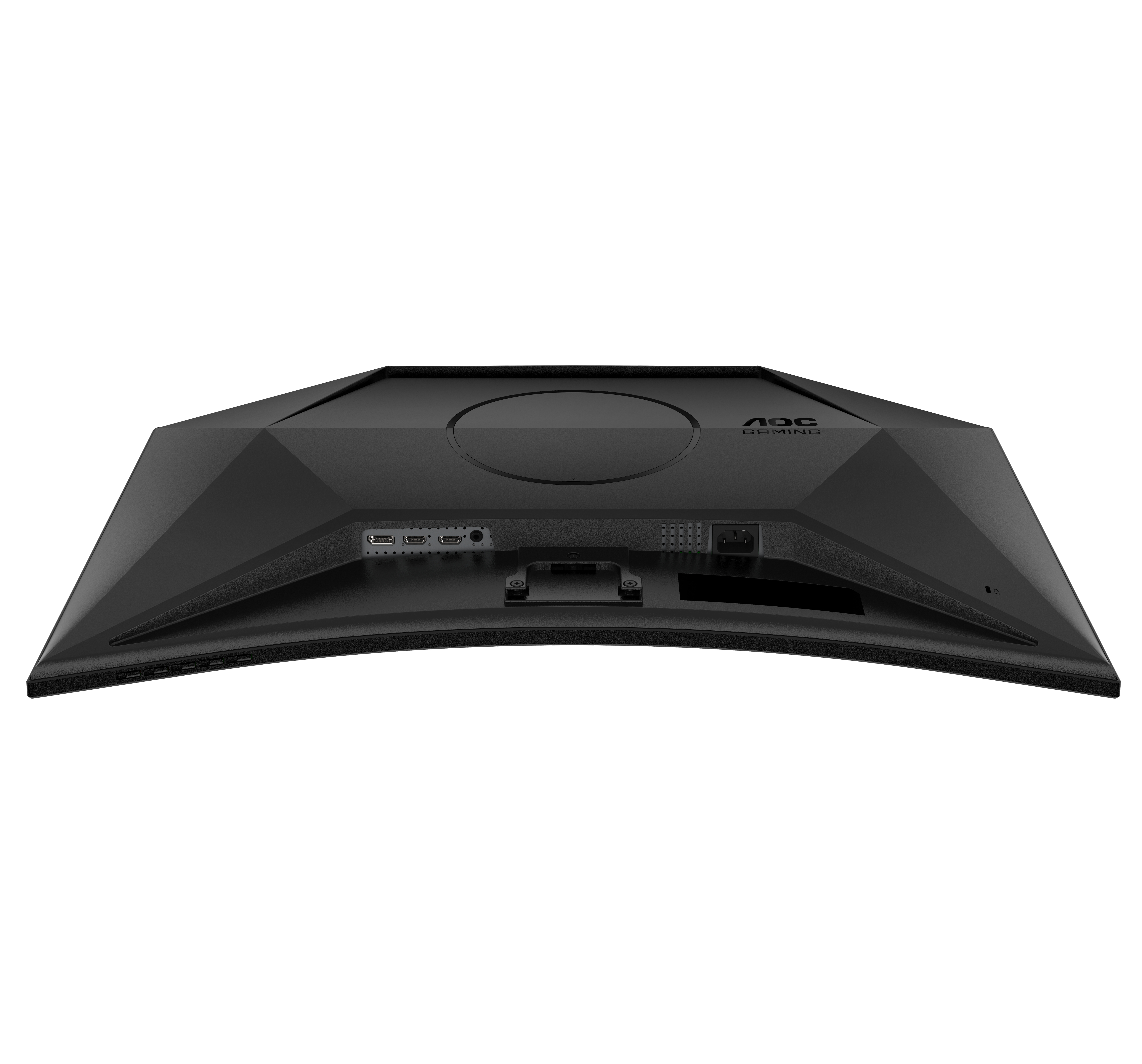 Widok z tyłu czarnego zakrzywionego monitora do gier. Widoczne są różne porty i wejście zasilania.