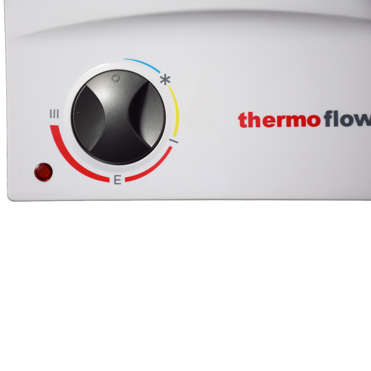 Weißes Gerät mit Drehknopf, roter Kontrollleuchte und den Worten 'thermoflow'.
