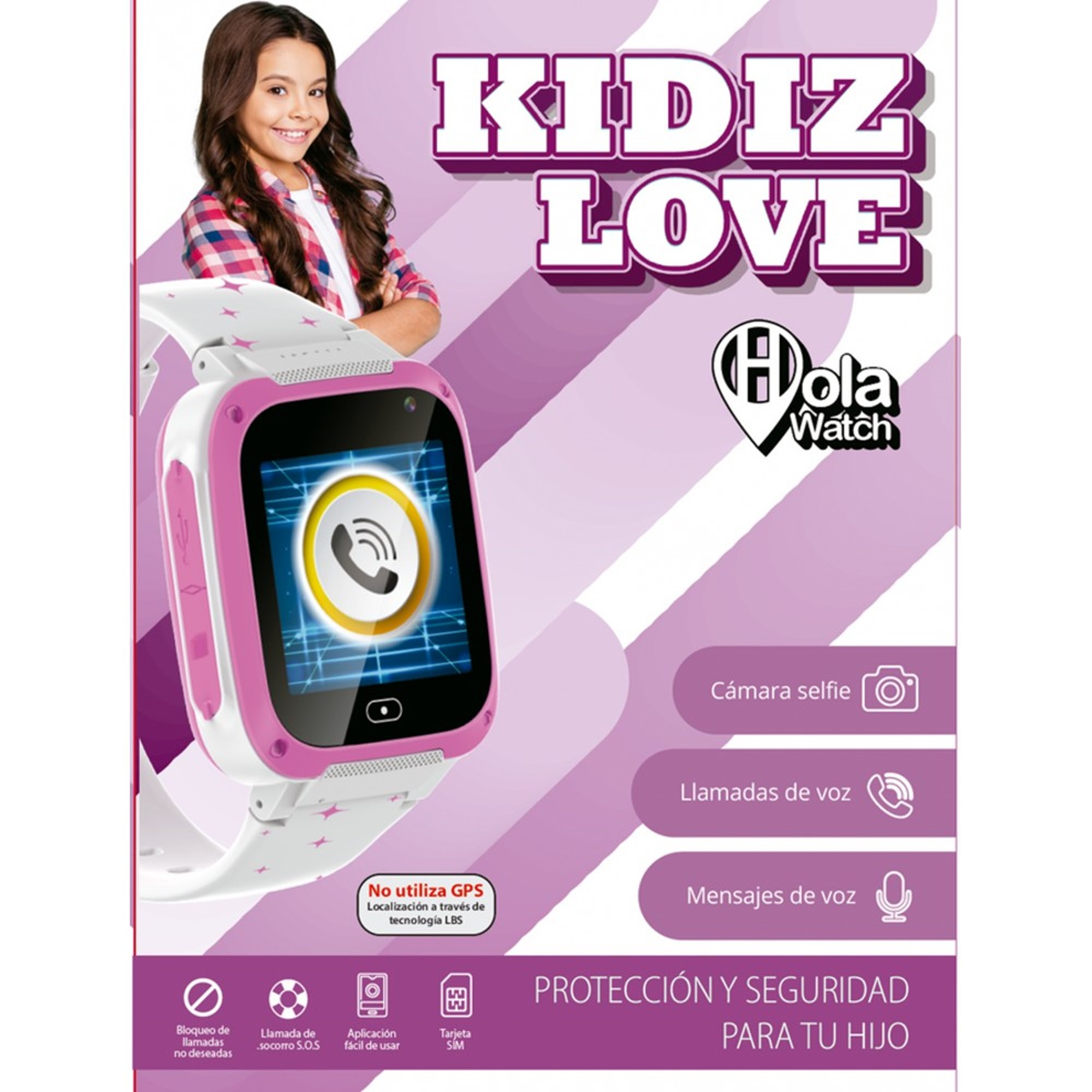 Un smartwatch rosa con foto de niña, texto e iconos de funciones.
