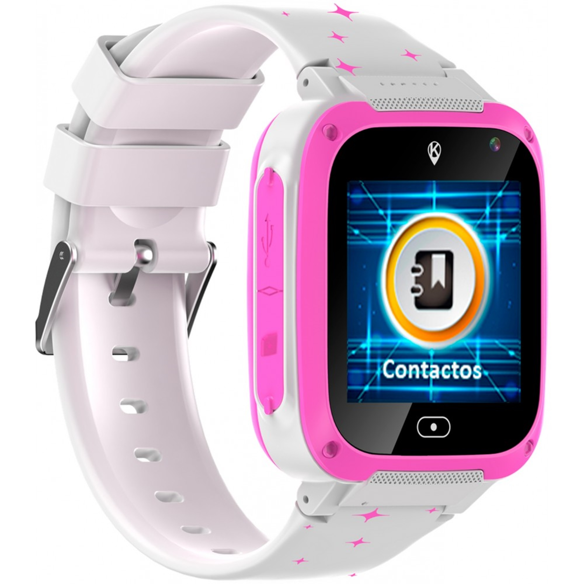 Smartwatch rosa y blanca con pantalla digital que muestra un icono de contactos. La correa tiene estrellas.