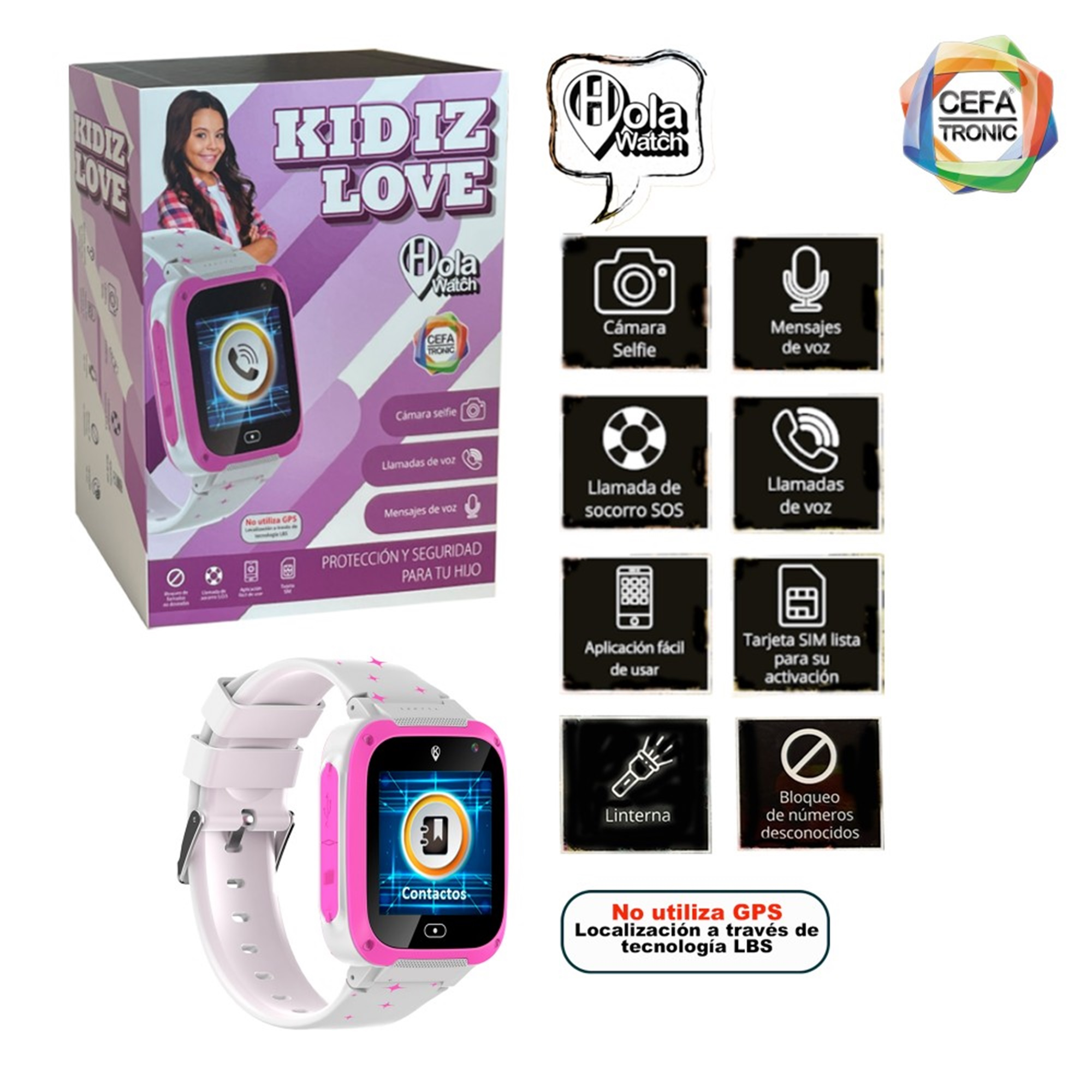 Caja de reloj inteligente Kidz Love con reloj, iconos y texto en español.