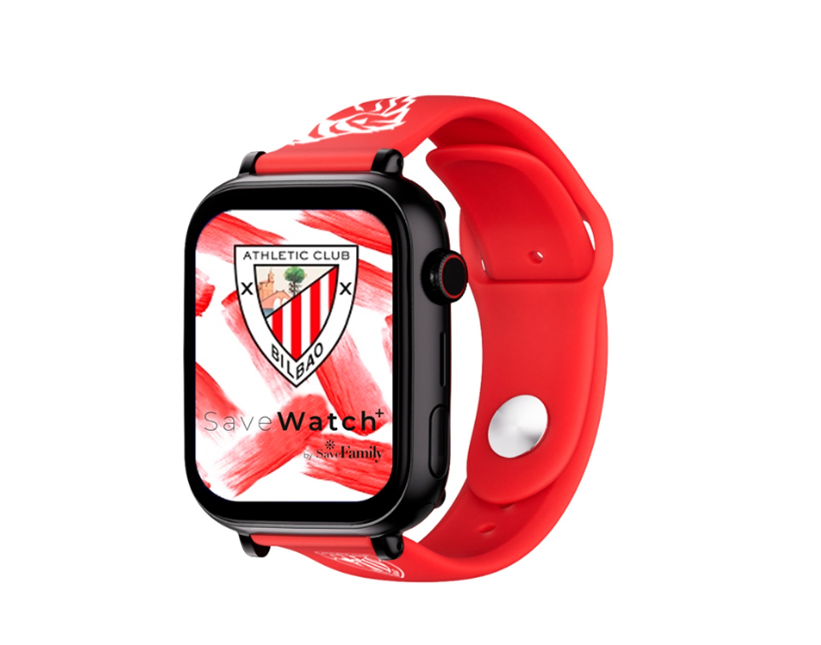 Reloj rojo con pantalla negra. La pantalla muestra el logo del Athletic Club Bilbao.