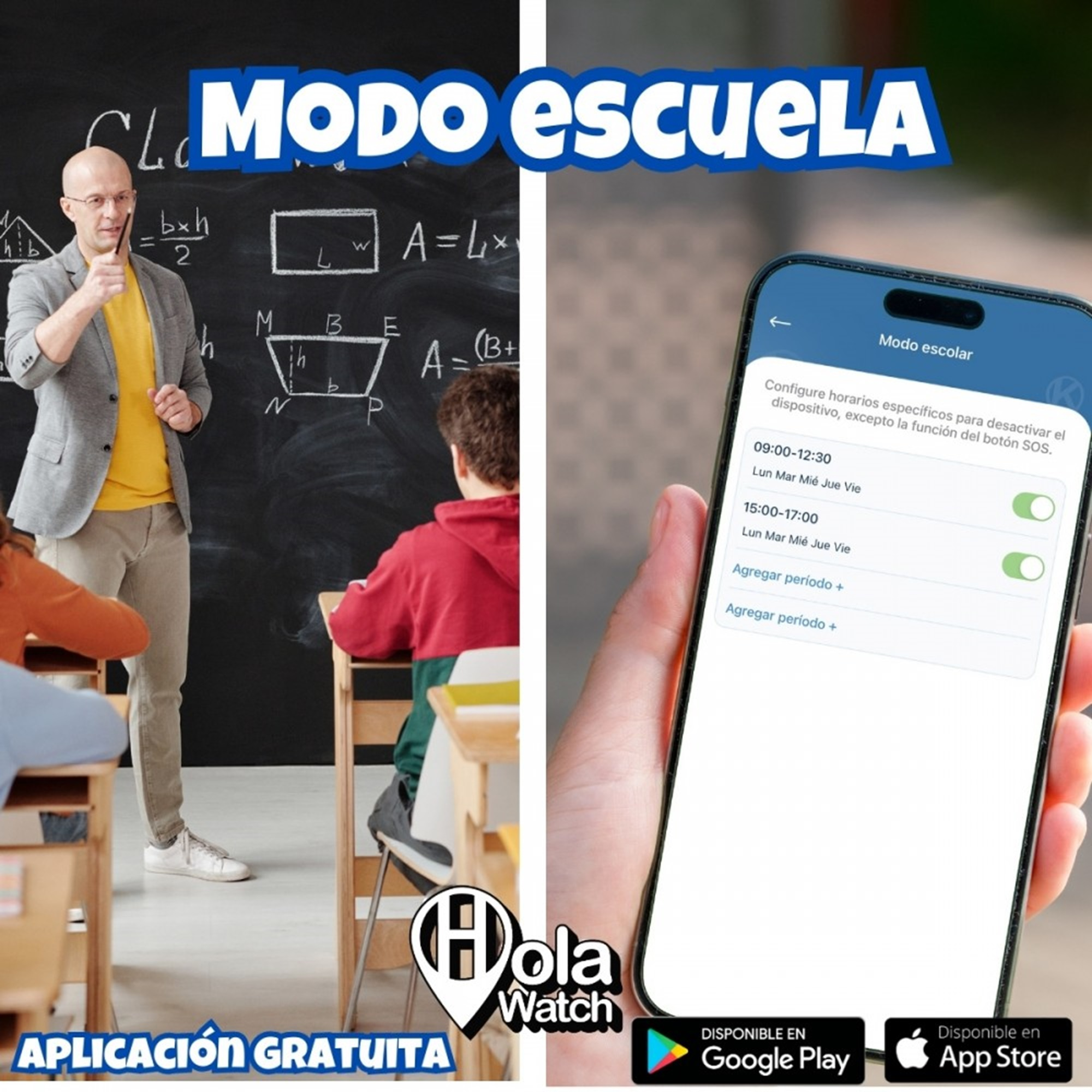 Profesor y estudiantes en el aula, pantalla del teléfono mostrando ajustes modo escuela.