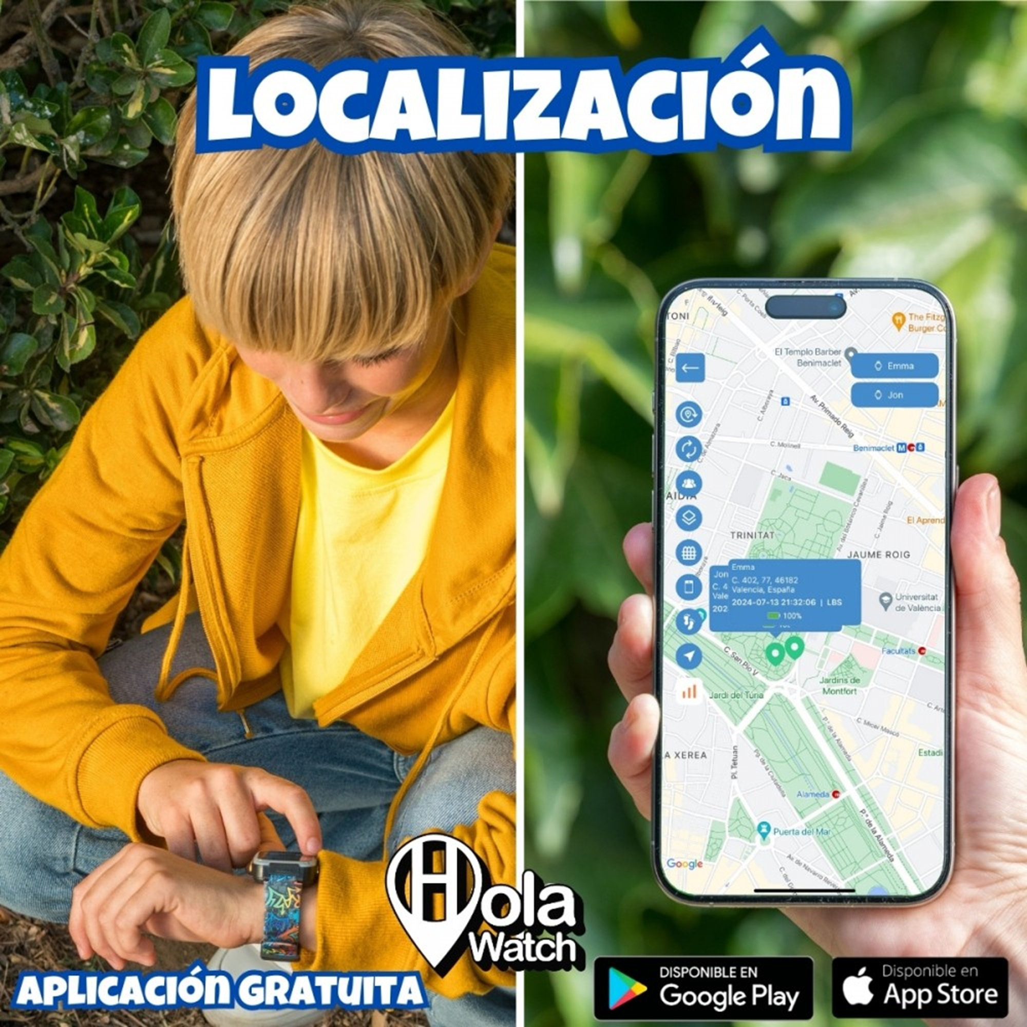 Niño usando reloj inteligente, teléfono muestra mapa con ubicación, texto: Localización. App disponible en tienda.