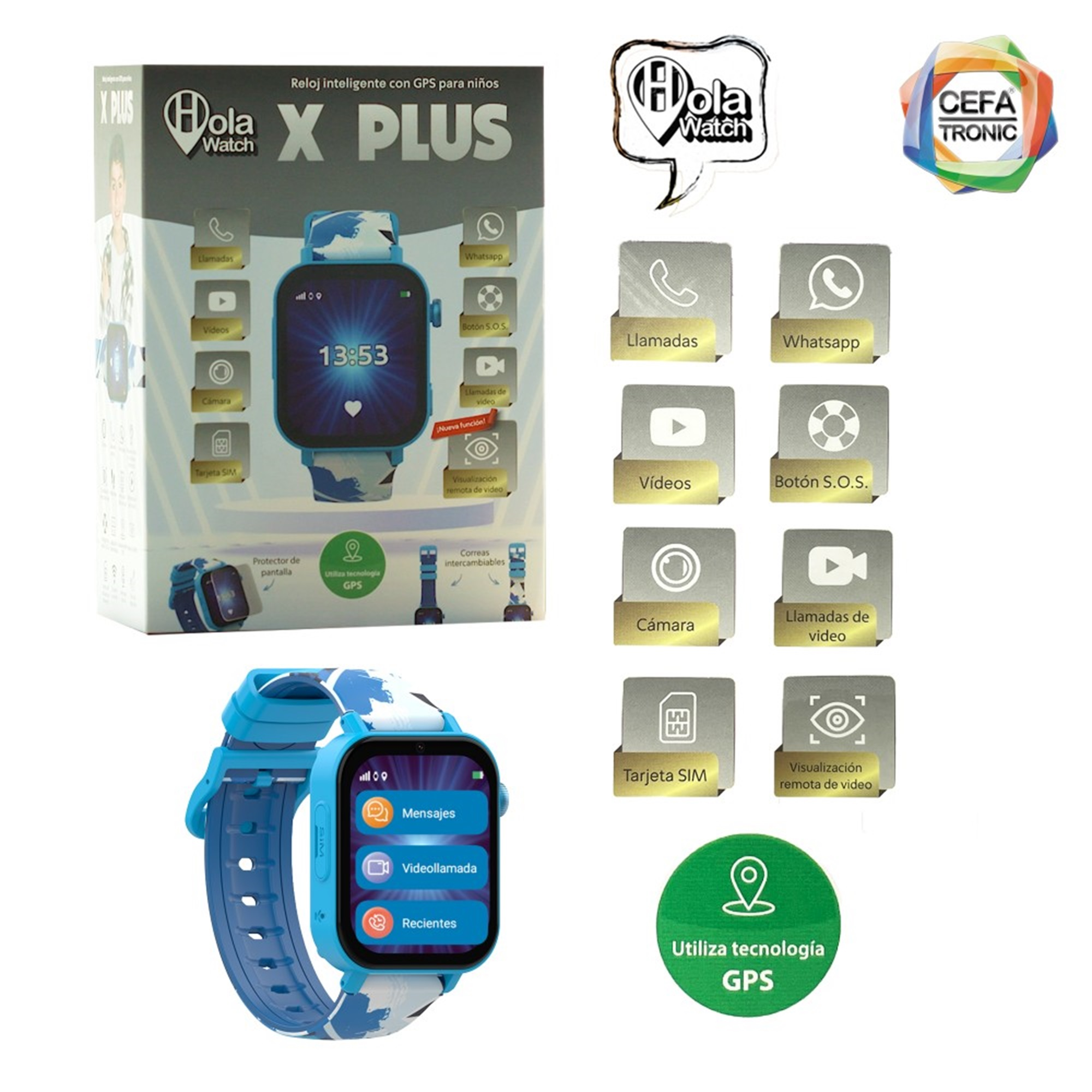 Reloj inteligente para niños con una caja e iconos que representan funciones.