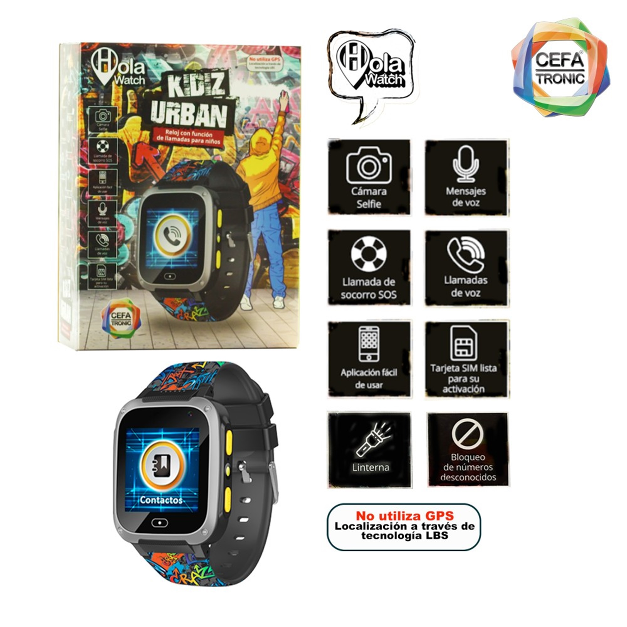 Una scatola di smartwatch e smartwatch. Include immagini delle funzioni dell'orologio, come fotocamera, messaggi vocali, ecc.