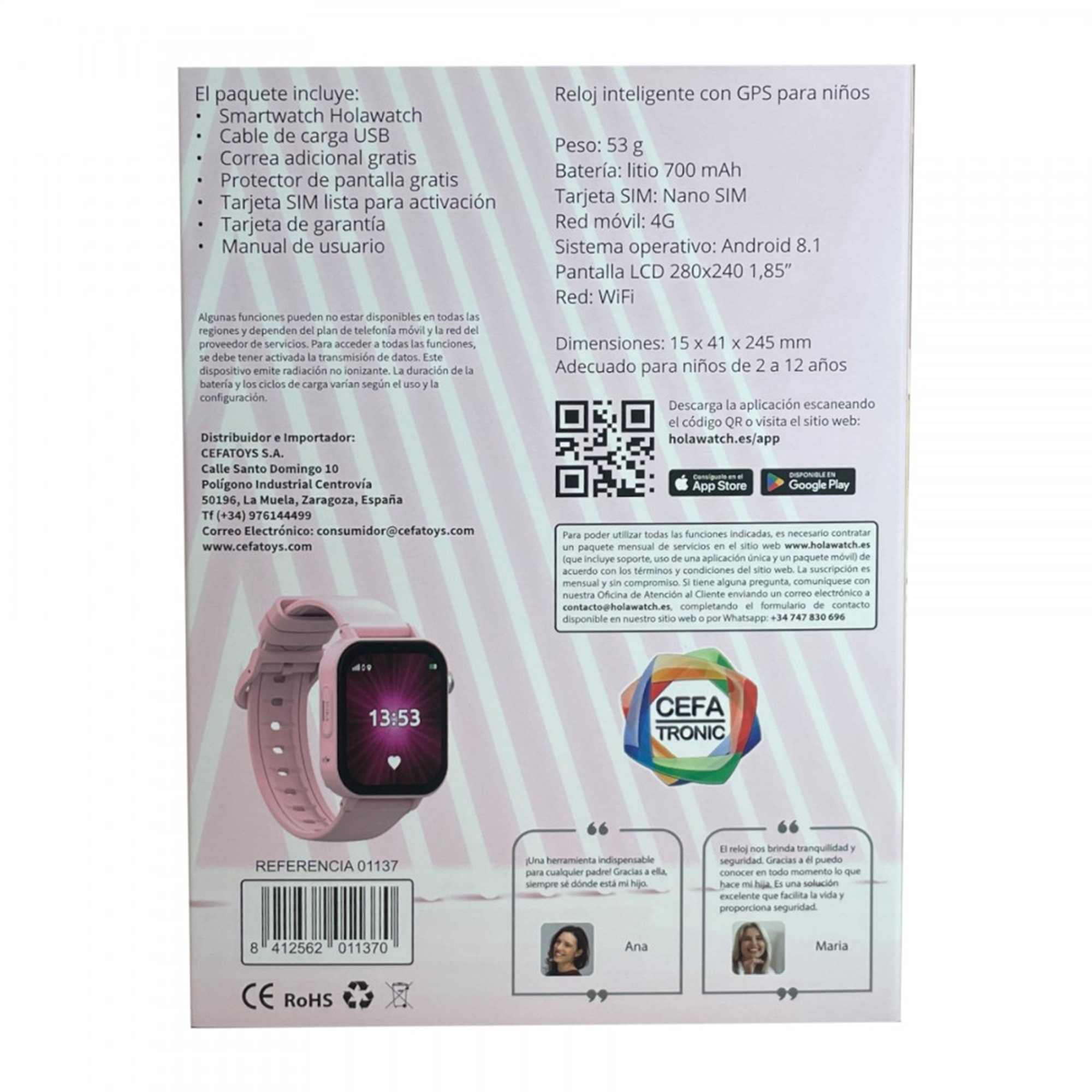 Smartwatch rosa con detalles sobre sus características. Texto y códigos QR presentes.