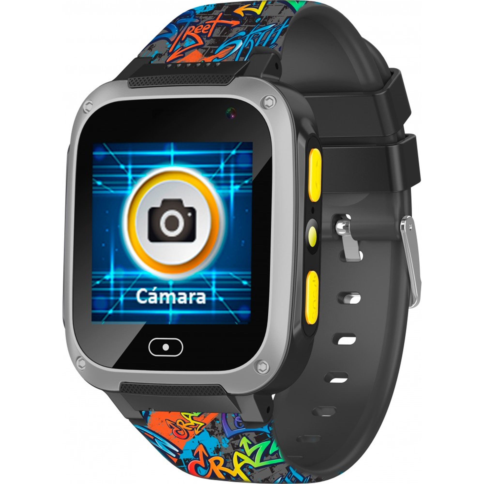 Smartwatch con icona fotocamera sullo schermo, cinturino graffiti.