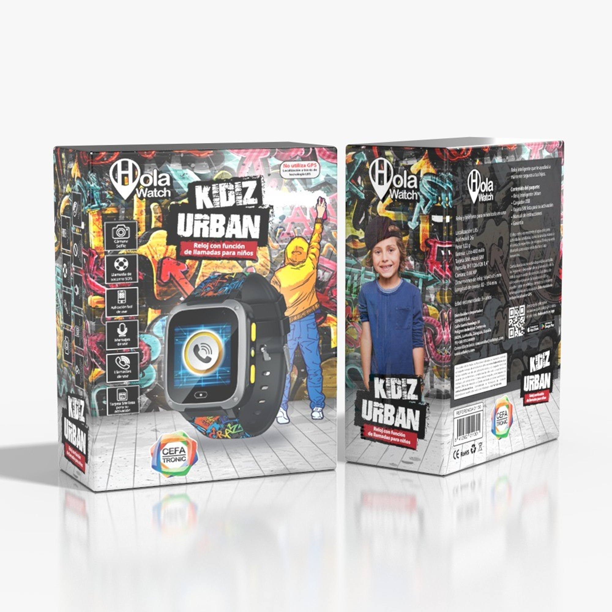 Scatola colorata per uno smartwatch Kidz Urban, che mostra un orologio e un ragazzo sul fronte e sul lato.