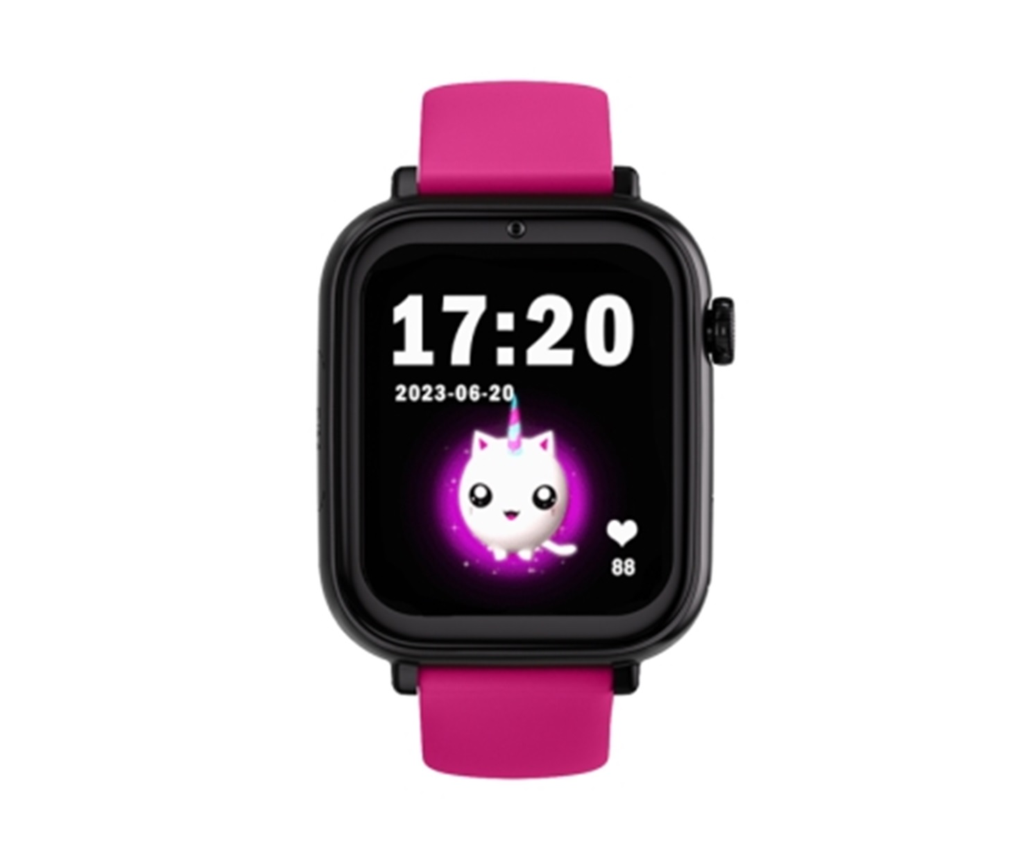 Różowy smartwatch z paskiem wyświetlający godzinę 17:20 i datę 2023-06-20, z kreskówką.