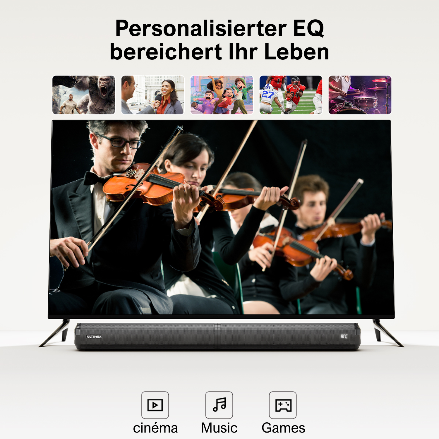 Molteplici immagini mostrano una soundbar e una configurazione dello schermo su una scrivania e montate a parete.