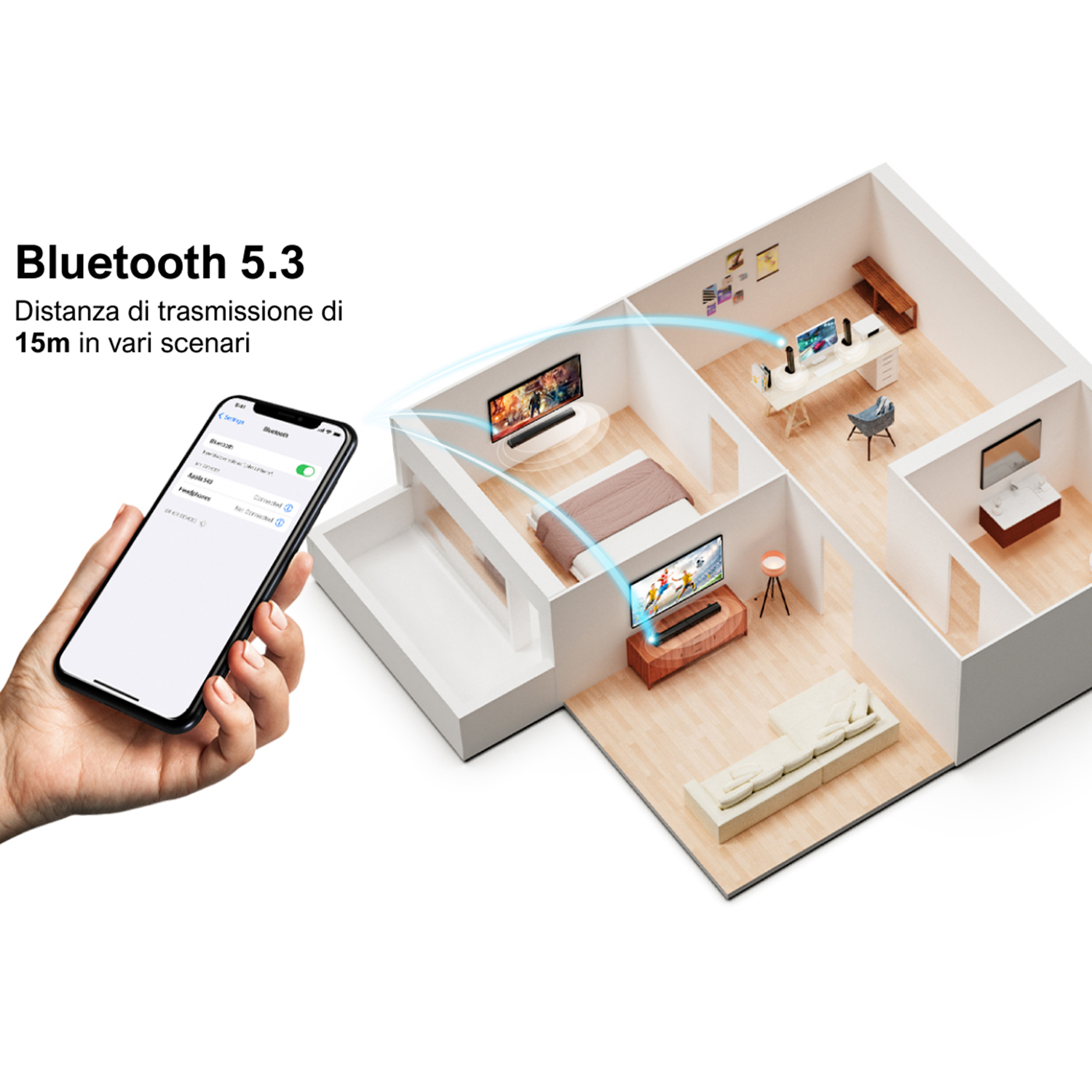 Una persona tiene in mano un telefono che mostra una connessione Bluetooth 5.3 a più TV in una casa.