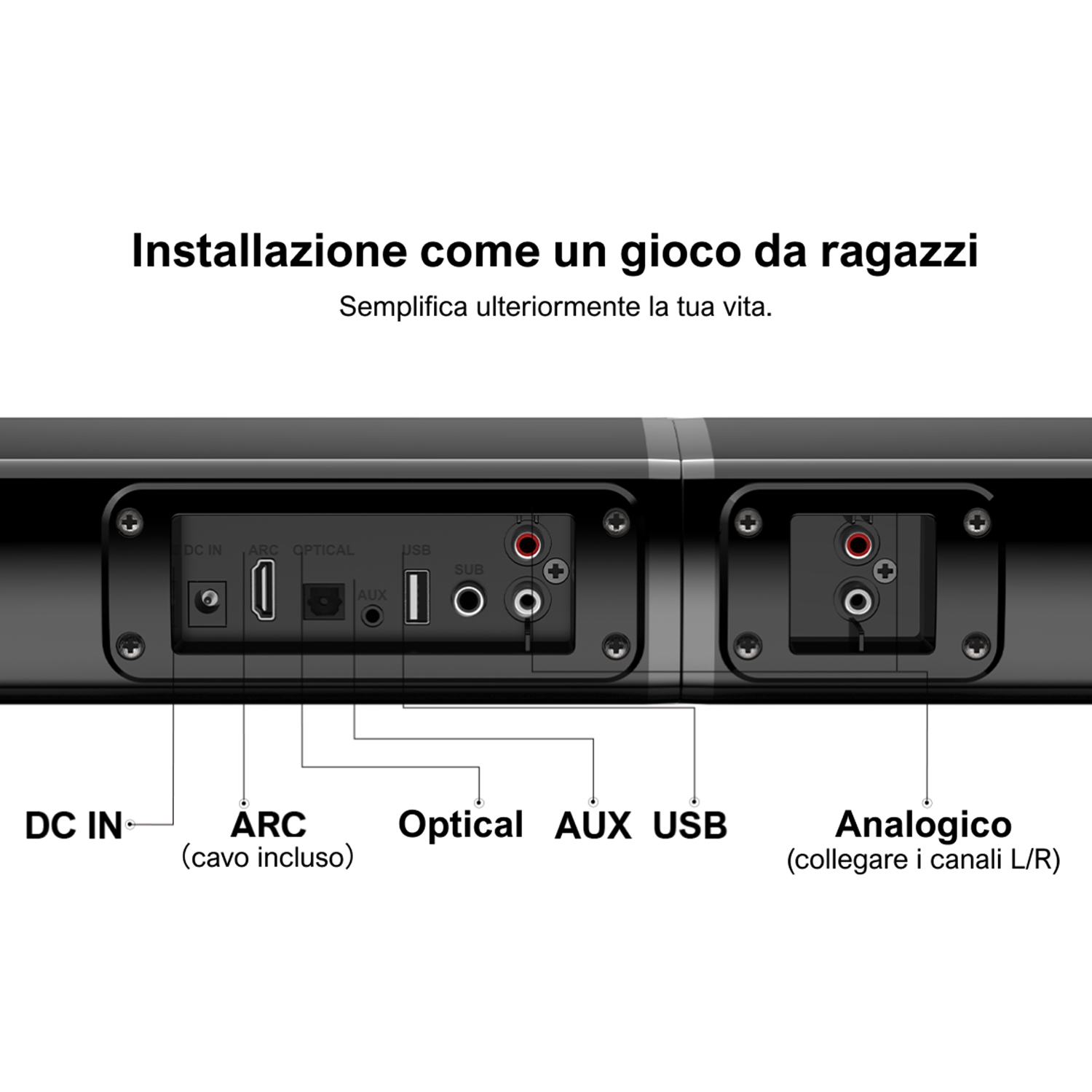 Una soundbar con porte DC IN, ARC, Optical, AUX, USB e Analog, per una facile configurazione.