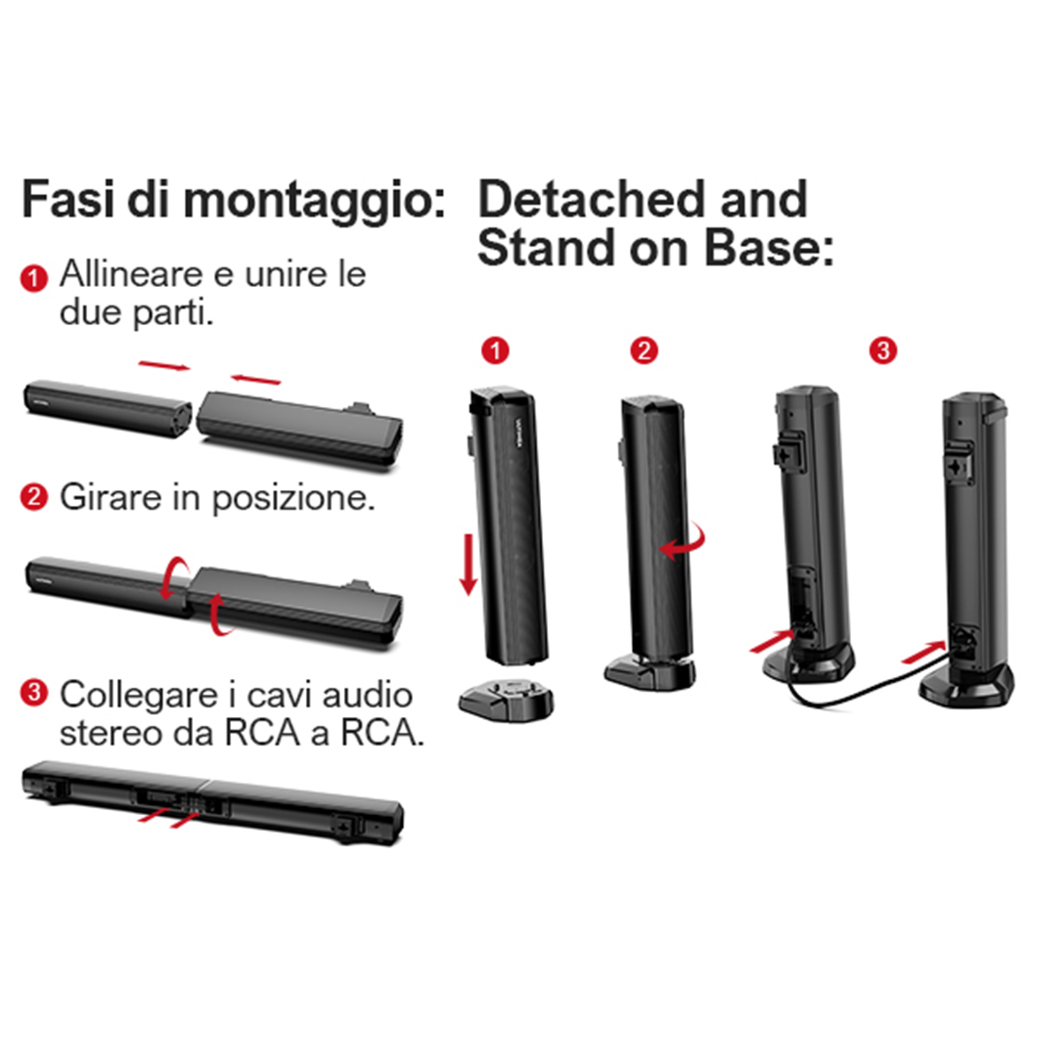 Guida di montaggio degli altoparlanti passo passo, con altoparlanti e base neri, frecce che indicano il montaggio.