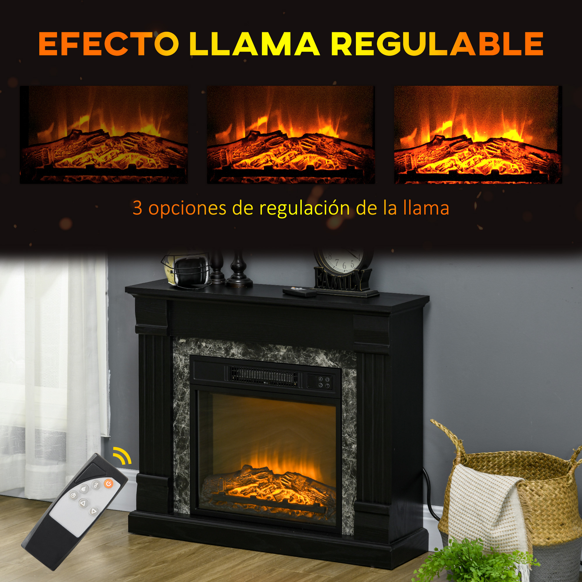 Una chimenea con tres configuraciones de llama. Mando a distancia a la izquierda. Fondo oscuro.
